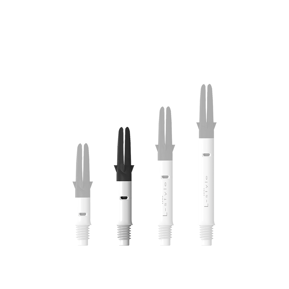 Zu sehen ist der L-Style L-Shaft Carbon Silent Straight in Weiß, Modell 190. Es handelt sich um ein hochwertiges Dartshaft-Zubehör.