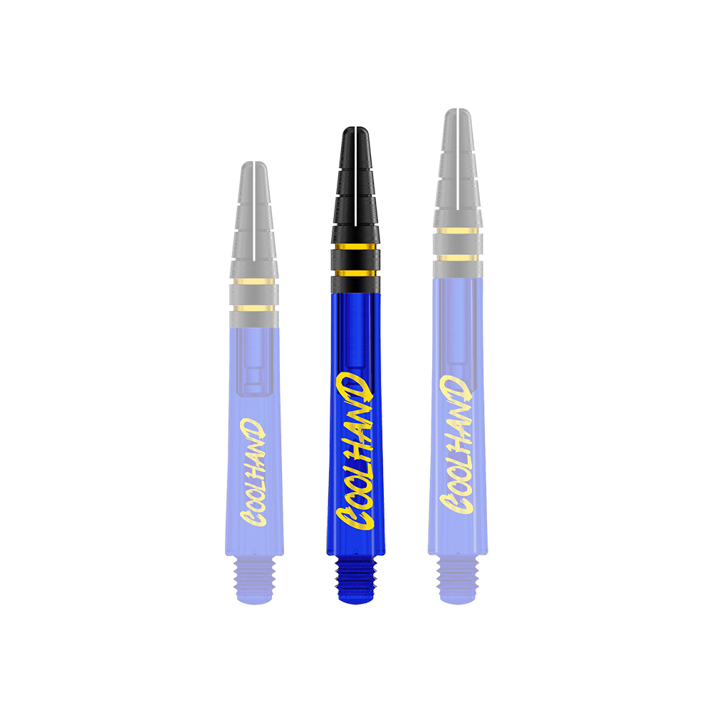 Red Dragon Nitrotech Luke Humphries Coolhand Shafts - Blau Auf dem Bild sind drei blaue Dart-Schäfte mit der gelben Aufschrift "COOLHAND" zu sehen. Die Schäfte haben schwarze und goldene Akzente am oberen Ende.
