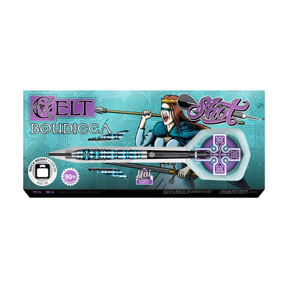 Die Abbildung zeigt eine Packung „Shot Celt Boudicca Steeldarts“. Auf der Verpackung ist eine kämpferische Frau mit Speer abgebildet, und die Darts sind kunstvoll gestaltet.