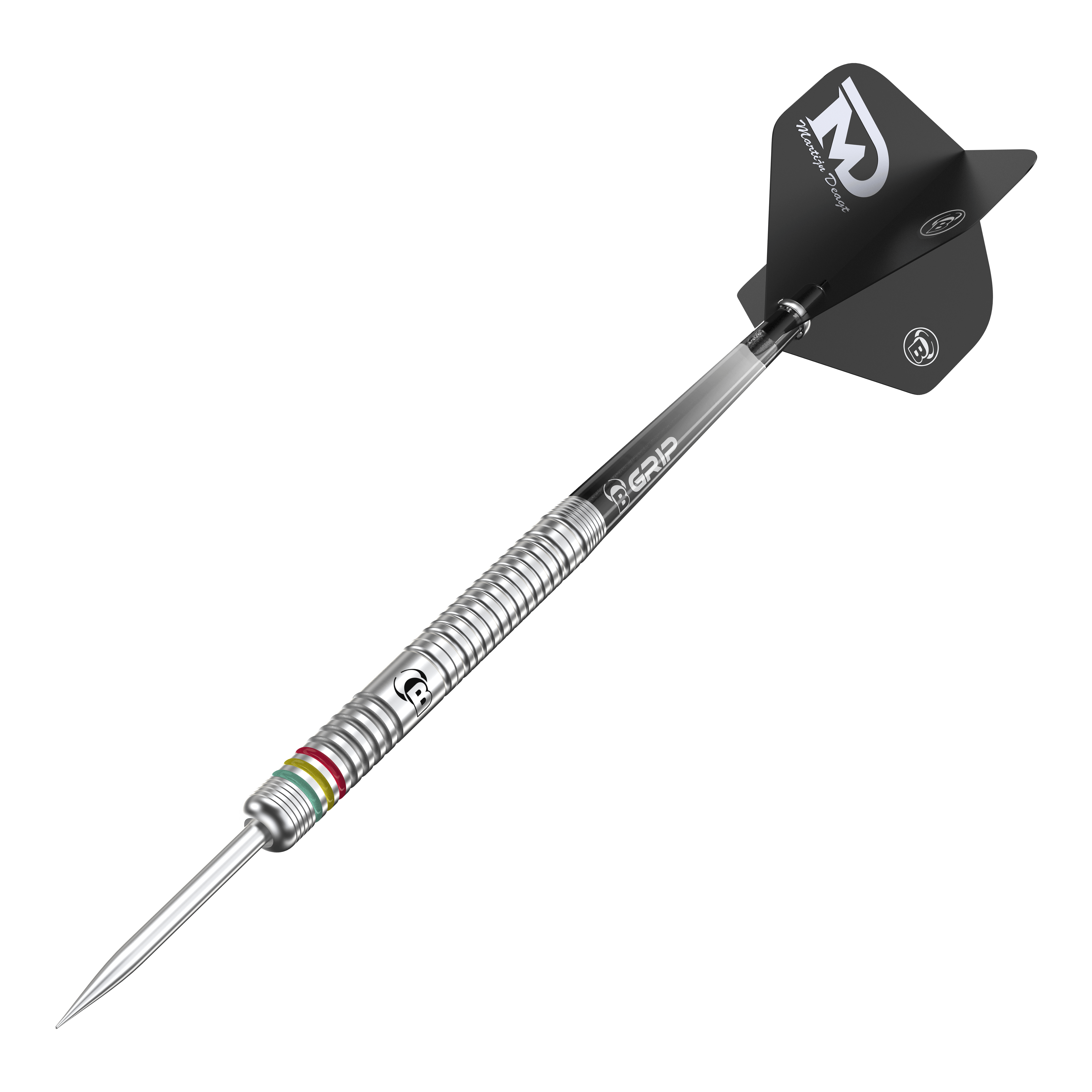 Auf dem Bild ist ein Bulls Martijn Dragt Steeldart mit einem Gewicht von 24g zu sehen. Der Dartpfeil hat einen silbernen, gerillten Schaft und schwarze Flights mit weißer Aufschrift.