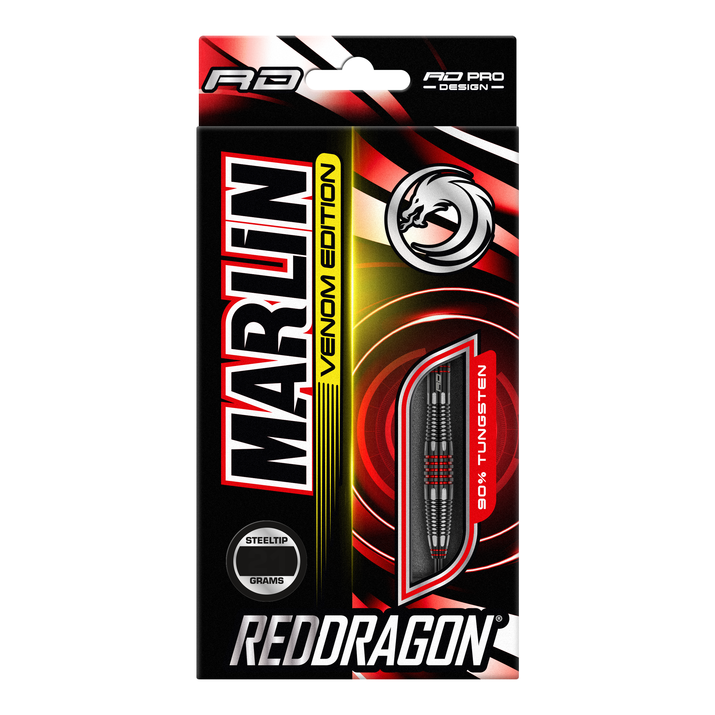 Die Abbildung zeigt die Verpackung der "Red Dragon Marlin Venom Steeldarts". Auf der Verpackung sind ein Bild des Darts und auffällige Schriftzüge in Rot, Gelb und Schwarz zu sehen.