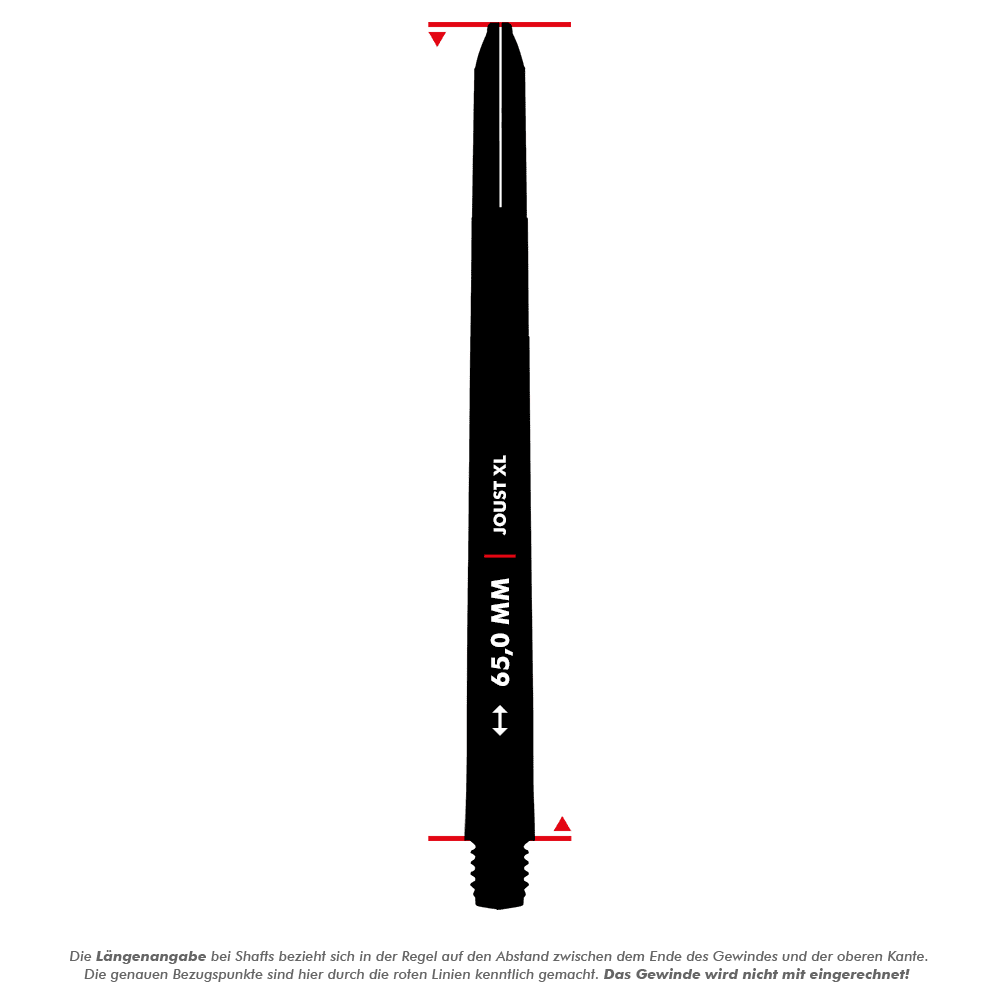 C816_Red_Dragon_Joust_XL_Shafts_5_65mmonCMClVnTlF6n Das Bild zeigt einen weißen Red Dragon Joust XL Shaft mit einer Länge von 65 mm. Die Messpunkte sind durch rote Linien am oberen und unteren Ende markiert.
