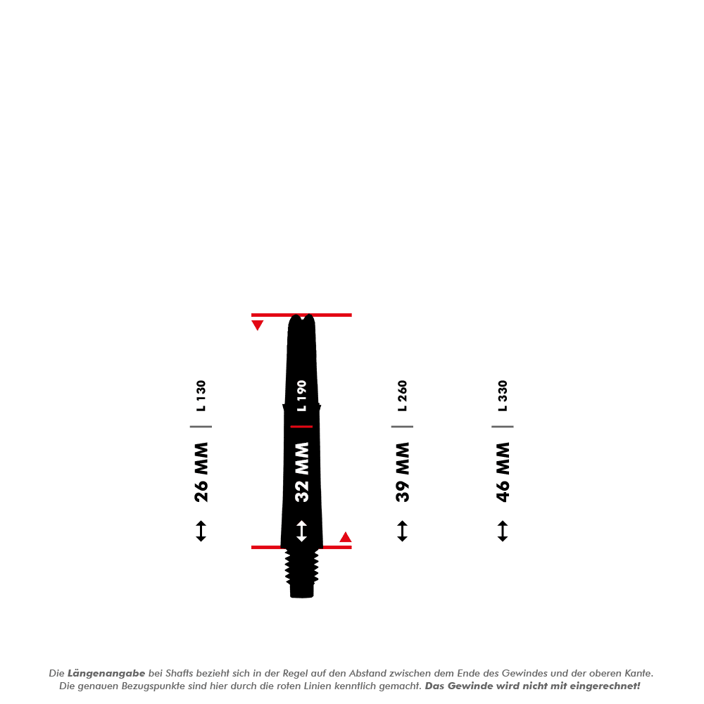 L-Style L-Shafts Locked Straight - Green 190 Das Bild zeigt eine schematische Darstellung eines Dart-Schafts mit Maßangaben. Es werden verschiedene Längen in Millimetern angegeben, die zwischen den roten Linien gemessen werden.