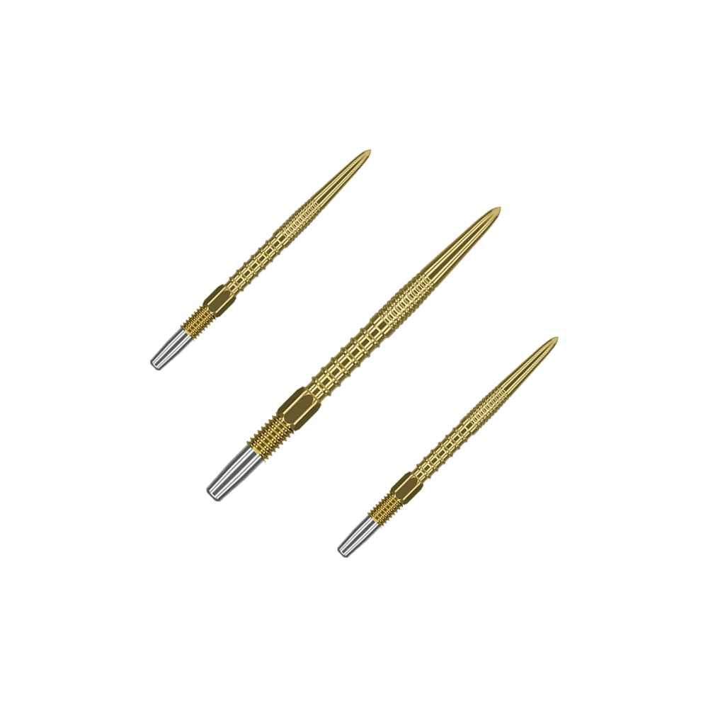 Target Swiss Firepoint Gold Dartspitzen Das Bild zeigt drei goldfarbene Dartspitzen mit silbernem Ende. Sie sind länglich und haben eine strukturierte Oberfläche.