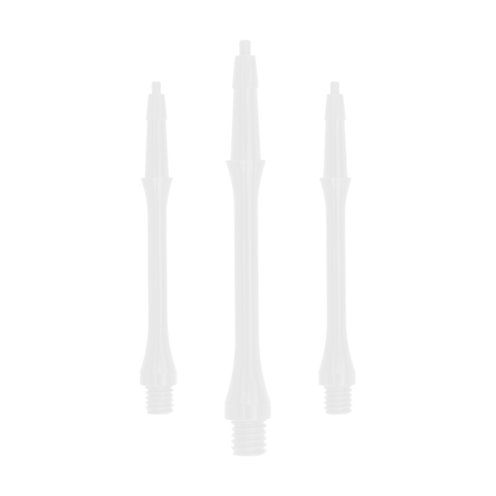 Das Bild zeigt drei weiße Harrows Clic Slim Shafts. Diese Schäfte werden für Dartpfeile verwendet.