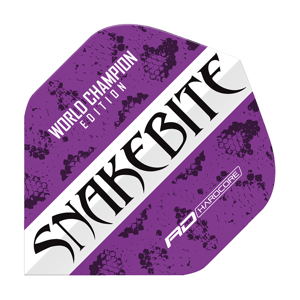 Das Bild zeigt ein Dartflight in Lila und Weiß mit der Aufschrift "SNAKEBITE" und "WORLD CHAMPION EDITION". Es ist ein Produkt der Marke Red Dragon, entworfen für Peter Wright.