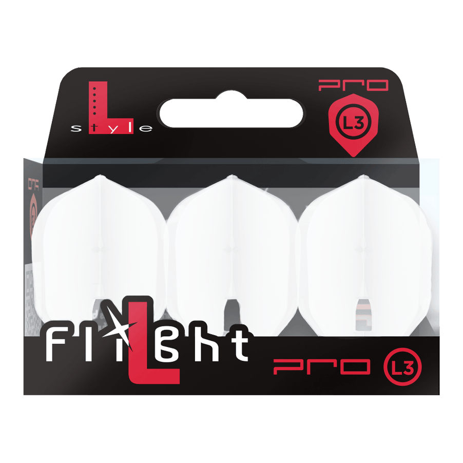 L-Style Champagne L3PRO Shape Flights Das Bild zeigt ein Produkt mit dem Namen 'L-Style Champagne L3PRO Shape Flights White 2'. Es handelt sich vermutlich um einen weißen Dart-Flug in spezieller Form.