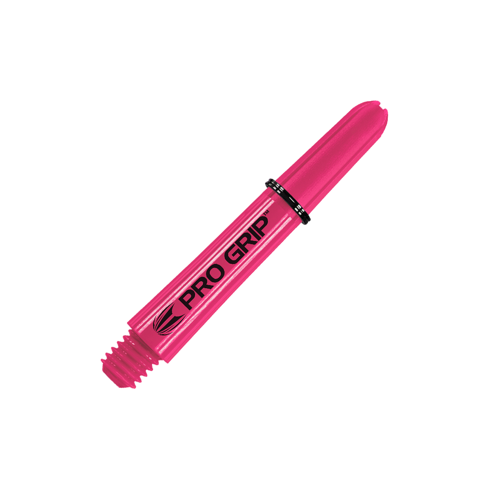 Auf dem Bild ist ein pinker Dart-Schaft mit der Aufschrift "PRO GRIP" zu sehen. Er ist 34 mm lang und hat eine glatte Oberfläche.