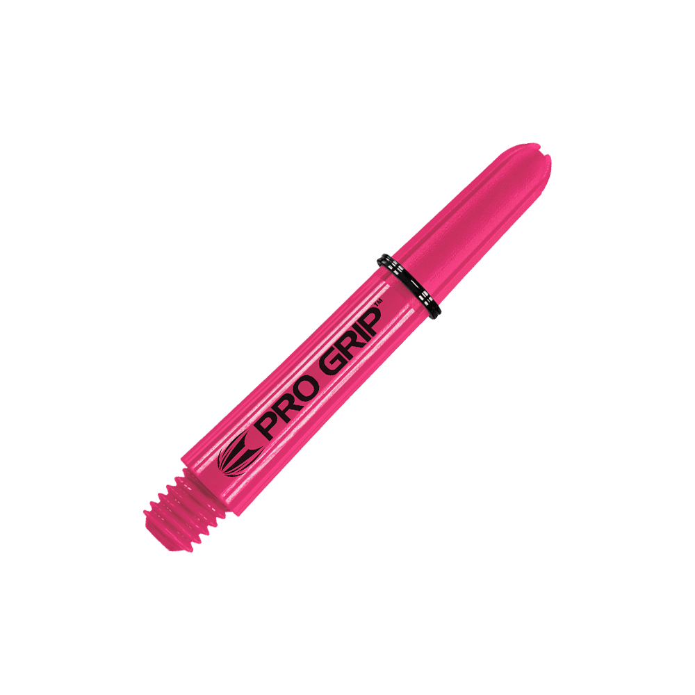 Target Pro Grip Shafts - 3 Sets - Pink Auf dem Bild ist ein pinker Dart-Schaft mit der Aufschrift "PRO GRIP" zu sehen. Er ist 34 mm lang und hat eine glatte Oberfläche.
