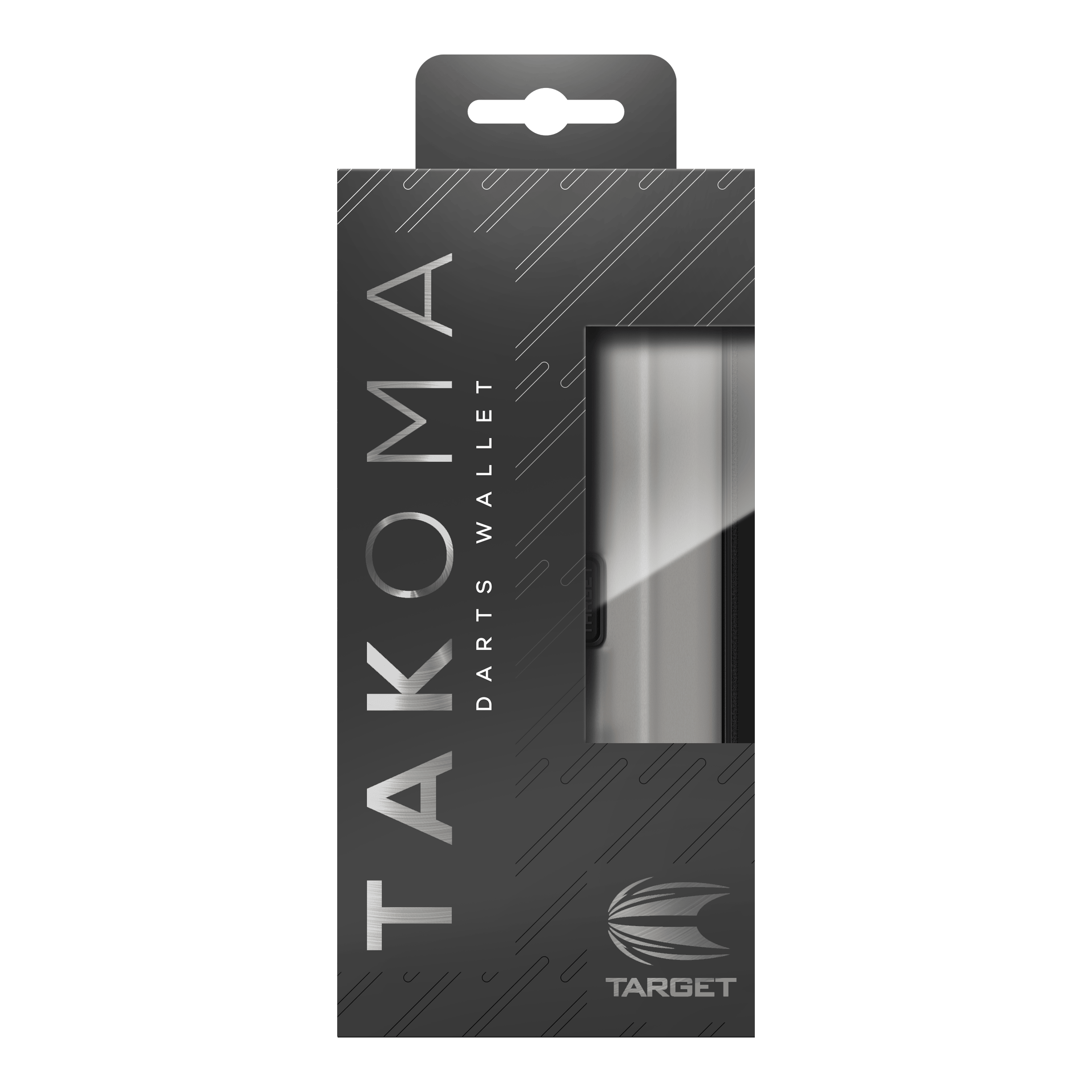Auf dem Bild ist eine Verpackung für ein Dartwallet der Marke Target zu sehen. Die Verpackung ist schwarz-grau mit der Aufschrift "Takoma Darts Wallet".