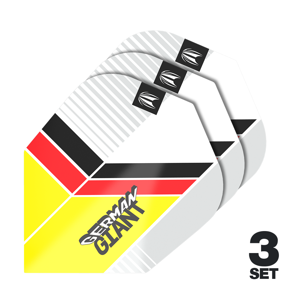 Auf dem Bild sind drei Sätze Dart-Flights mit dem Design "German Giant" in den Farben Gelb, Rot, Schwarz und Weiß zu sehen. Unten rechts steht "3 Set", was auf drei enthaltene Sets hinweist.