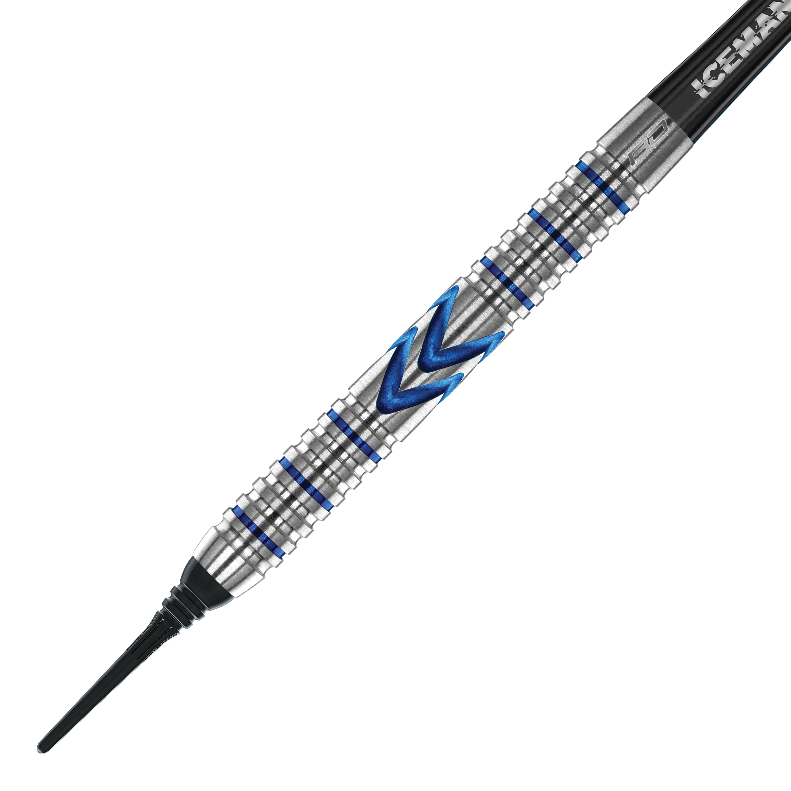 Dies ist ein Softdart der Marke Red Dragon, Modell Gerwyn Price Iceman Midnight Edition mit 20 Gramm Gewicht. Der Dart hat ein silbernes Griffstück mit blauen Akzenten und einem markanten Zickzack-Muster.