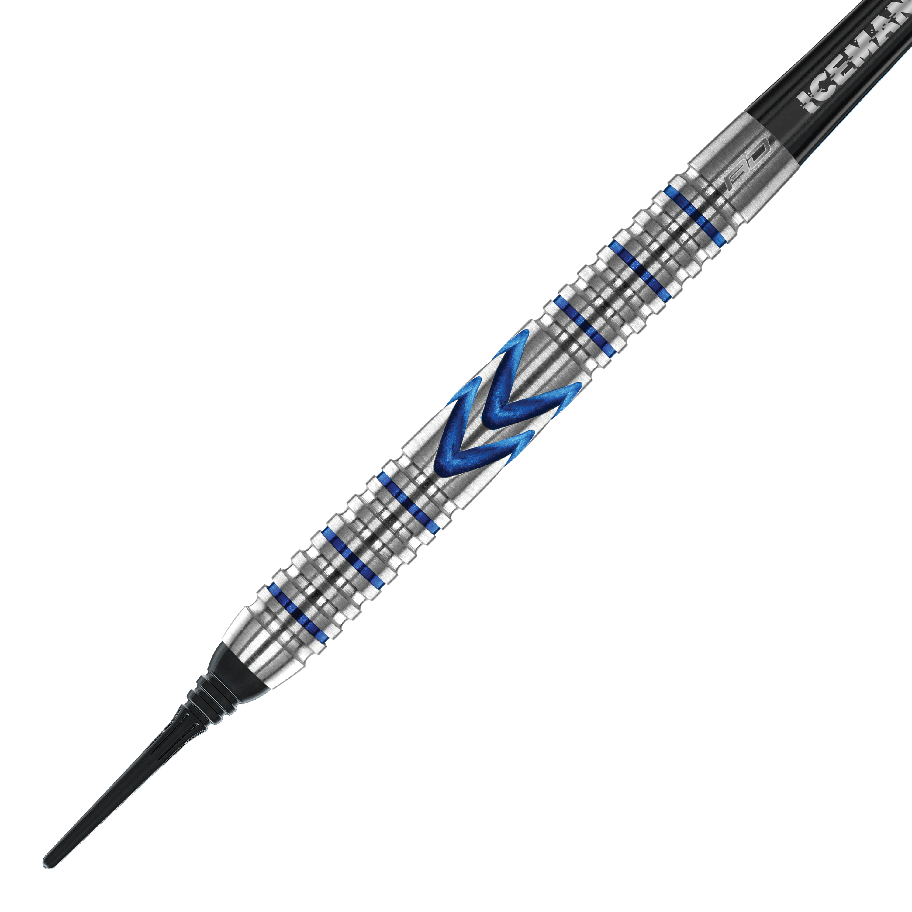 Red Dragon Gerwyn Price Iceman Midnight Edition Softdarts - 20g Dies ist ein Softdart der Marke Red Dragon, Modell Gerwyn Price Iceman Midnight Edition mit 20 Gramm Gewicht. Der Dart hat ein silbernes Griffstück mit blauen Akzenten und einem markanten Zickzack-Muster.