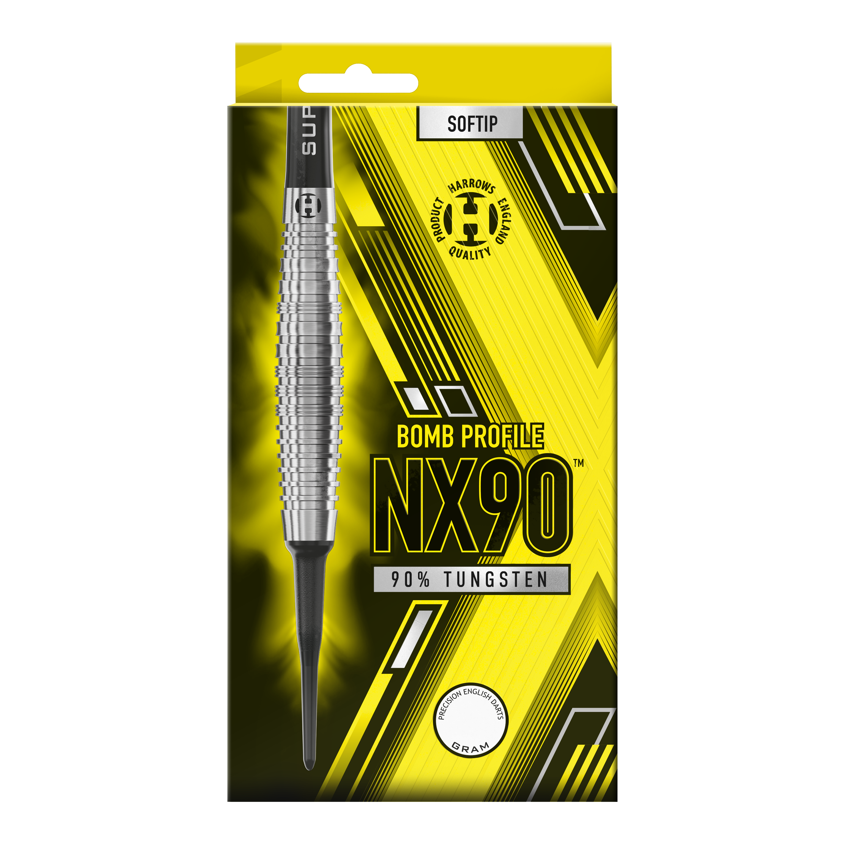 Harrows NX90 Bomb Softdarts Die Verpackung zeigt die "Harrows NX90 Bomb Softdarts" mit einem auffälligen gelb-schwarzen Design. Auf der Vorderseite steht, dass die Darts aus 90% Tungsten bestehen und eine Bombenform haben.
