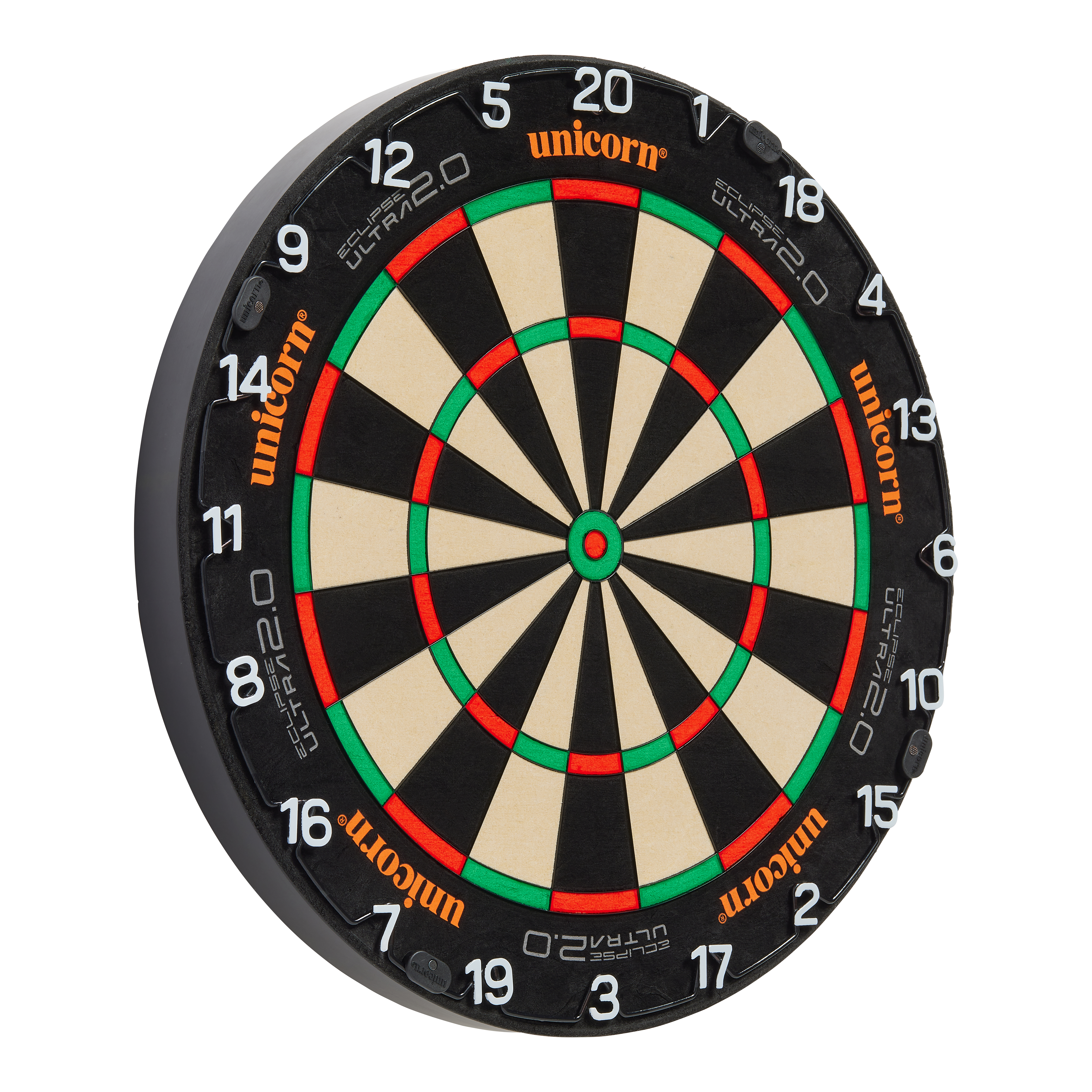 Das Bild zeigt eine Unicorn Eclipse Ultra 2.0 Steeldartboard. Die Dartscheibe hat ein klassisches Design mit schwarzen, weißen, roten und grünen Segmenten.