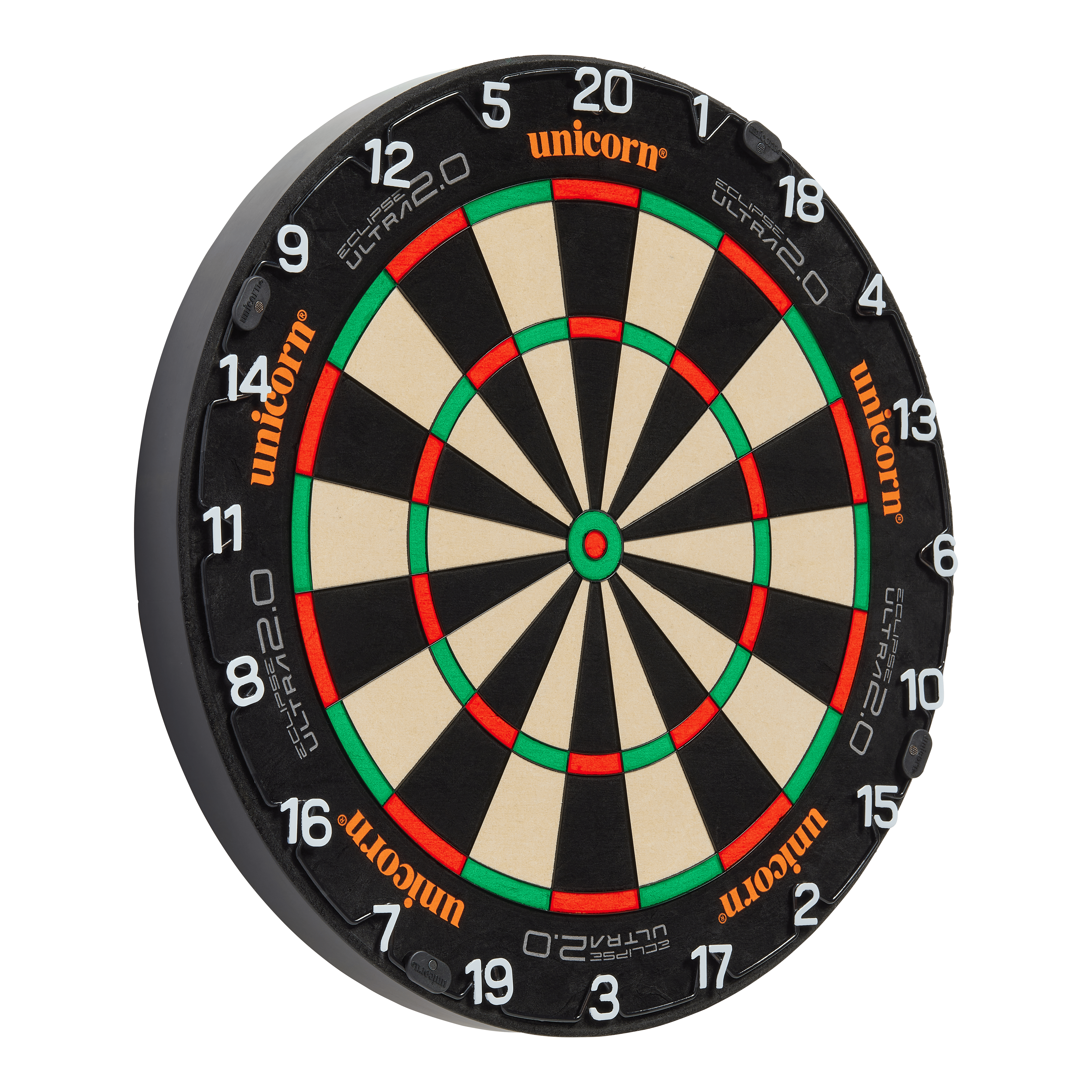 Unicorn Eclipse Ultra 2.0 Steeldartboard Das Bild zeigt eine Unicorn Eclipse Ultra 2.0 Steeldartboard. Die Dartscheibe hat ein klassisches Design mit schwarzen, weißen, roten und grünen Segmenten.
