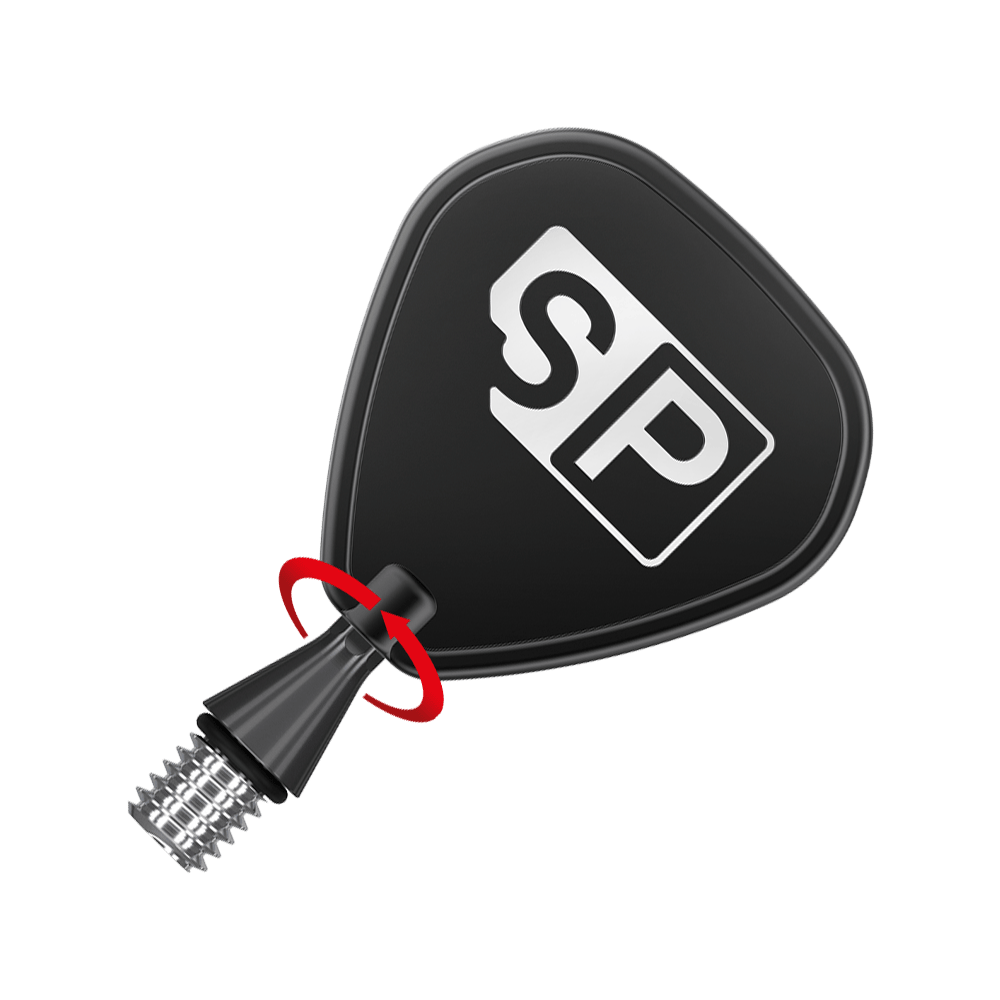 Das Bild zeigt eine schwarze Dartspitze mit einem Pfeil für die Schraubbewegung. Auf der Spitze ist das weiße Logo "SP" abgebildet.