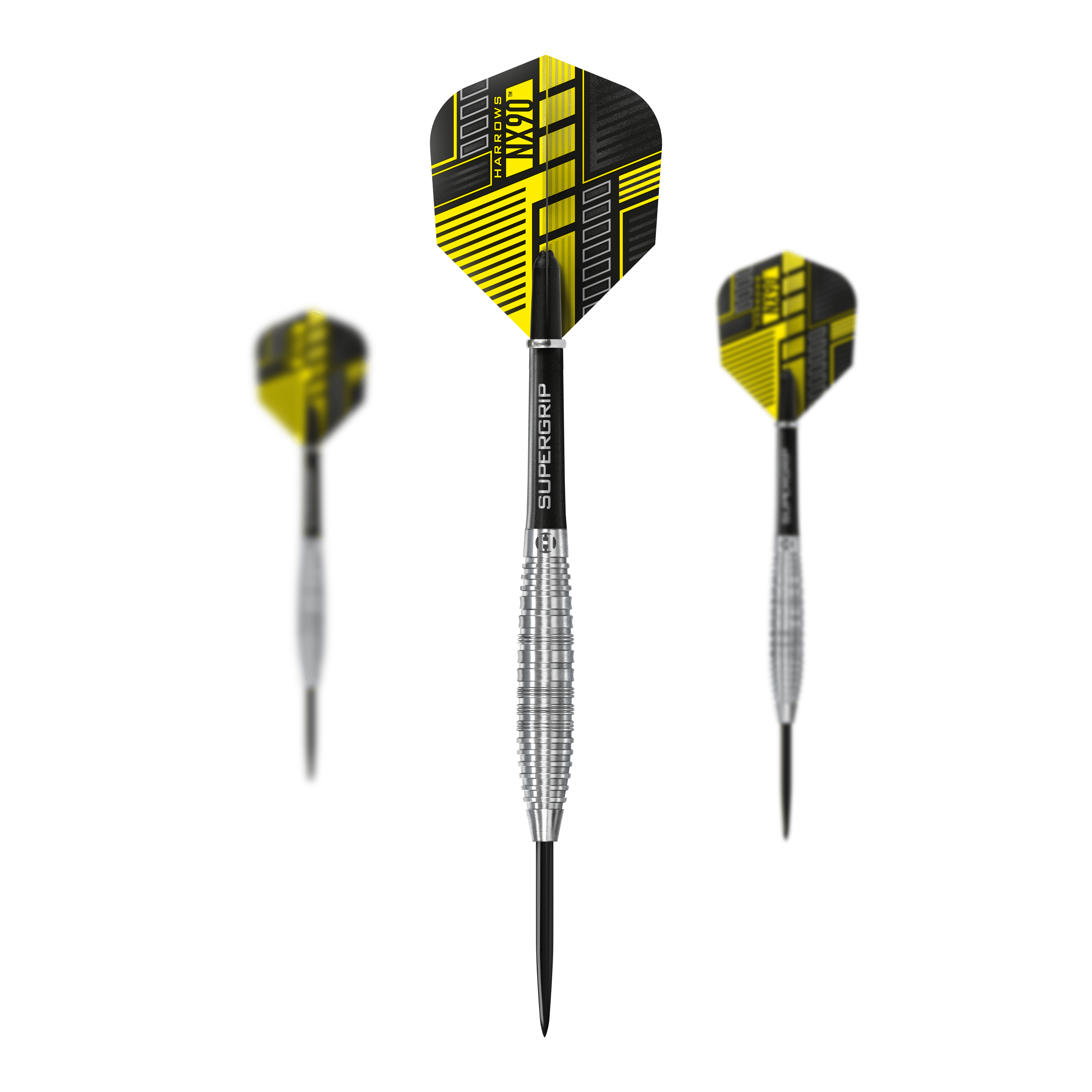 Das Bild zeigt drei Steeldarts des Modells "Harrows NX90 Bomb". Die Darts haben silberne Spitzen und Schäfte, sowie gelb-schwarze Flights mit modernem Design.
