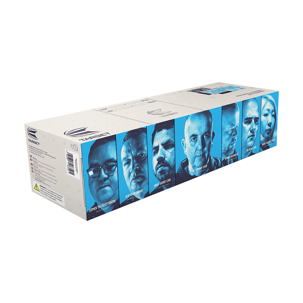 Die Verpackung zeigt das Produkt "Target World Champions Dartmatte". Auf der Box sind die Gesichter mehrerer Dart-Champions abgebildet.