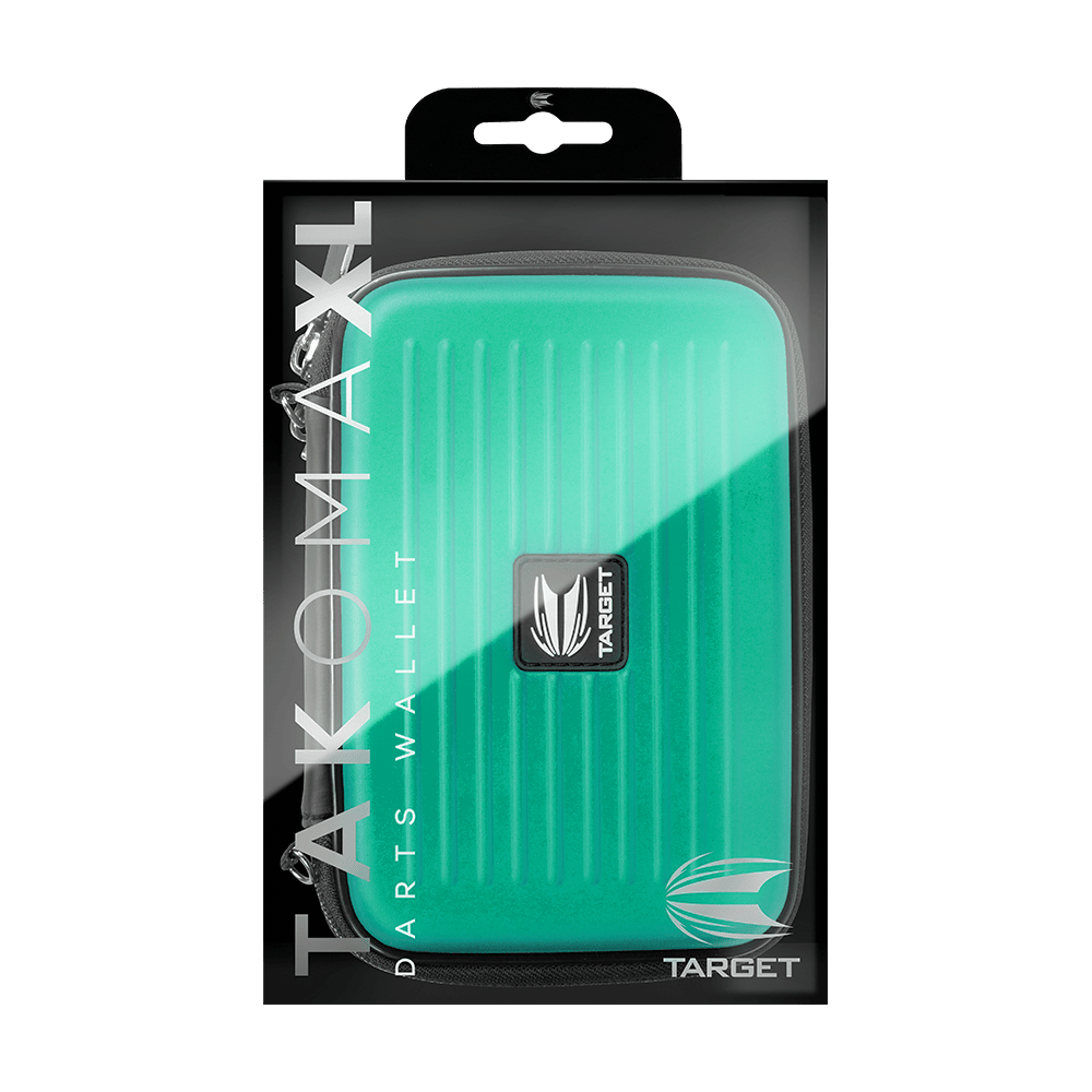 Das Bild zeigt das Produkt "Target Takoma XL Dartwallet" in der Originalverpackung. Das Dartwallet ist türkis und hat ein modernes, geriffeltes Design mit einem Target-Logo auf der Vorderseite.