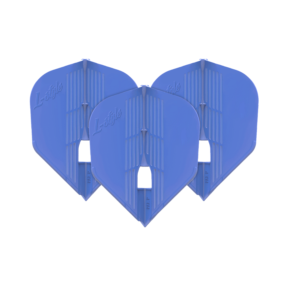 L-Style KAMI L3PRO Flights Das Bild zeigt drei blaue Dartflights der Marke L-Style. Sie sind nebeneinander aufgereiht und haben eine moderne, strukturierte Oberfläche.