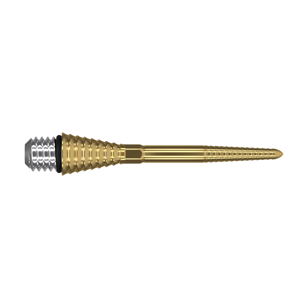 Das Bild zeigt eine goldfarbene, gerillte Dartspitze mit Schraubgewinde. Sie besteht aus Metall und hat eine konische Form.