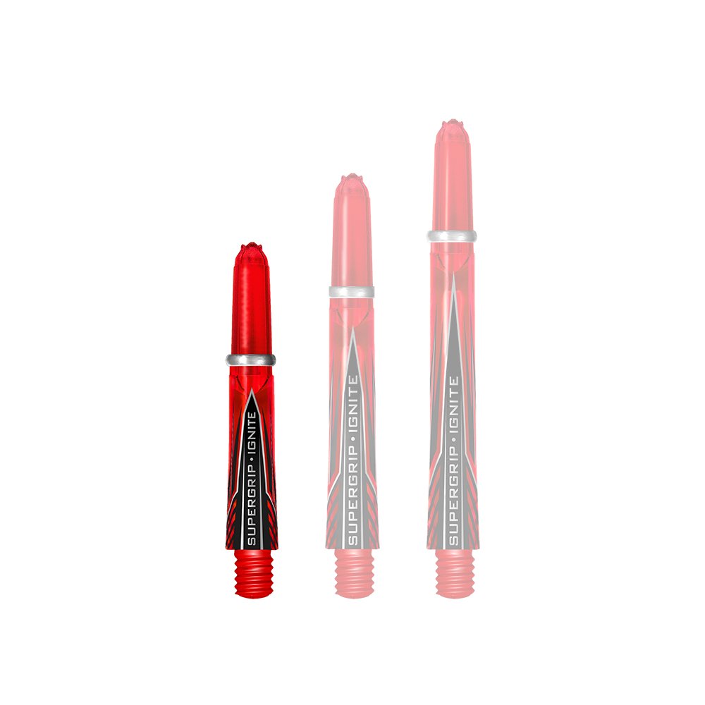 Das Bild zeigt drei rote Harrows Supergrip Ignite Shafts in unterschiedlichen Längen. Die Aufschriften "SUPERGRIP IGNITE" sind gut sichtbar auf jedem Schaft abgebildet.