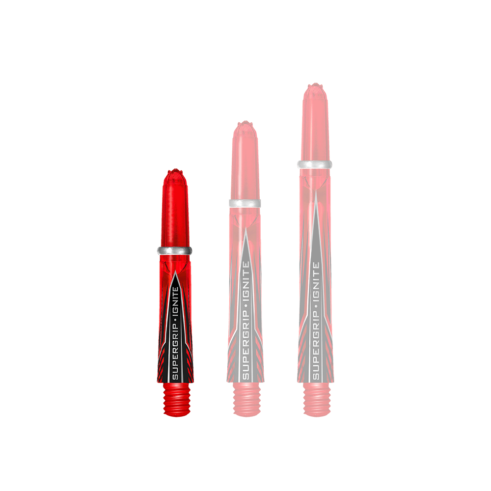 HR383_Harrows_Supergrip_Ignite_Shafts_Rot_33mm_1 Das Bild zeigt drei rote Harrows Supergrip Ignite Shafts in unterschiedlichen Längen. Die Aufschriften "SUPERGRIP IGNITE" sind gut sichtbar auf jedem Schaft abgebildet.