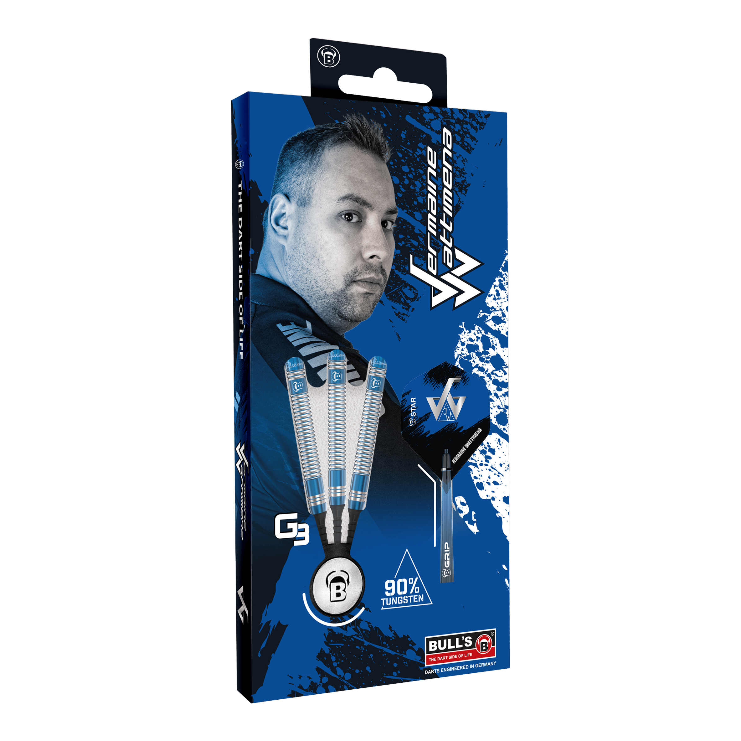 Bulls Jermaine Wattimena Generation 3 Softdarts - 20g Die Abbildung zeigt die Verpackung der Bulls Jermaine Wattimena Generation 3 Softdarts mit 20g Gewicht. Auf der Verpackung sind drei Darts sowie ein Porträt von Jermaine Wattimena und der Hinweis auf 90 % Tungsten zu sehen.