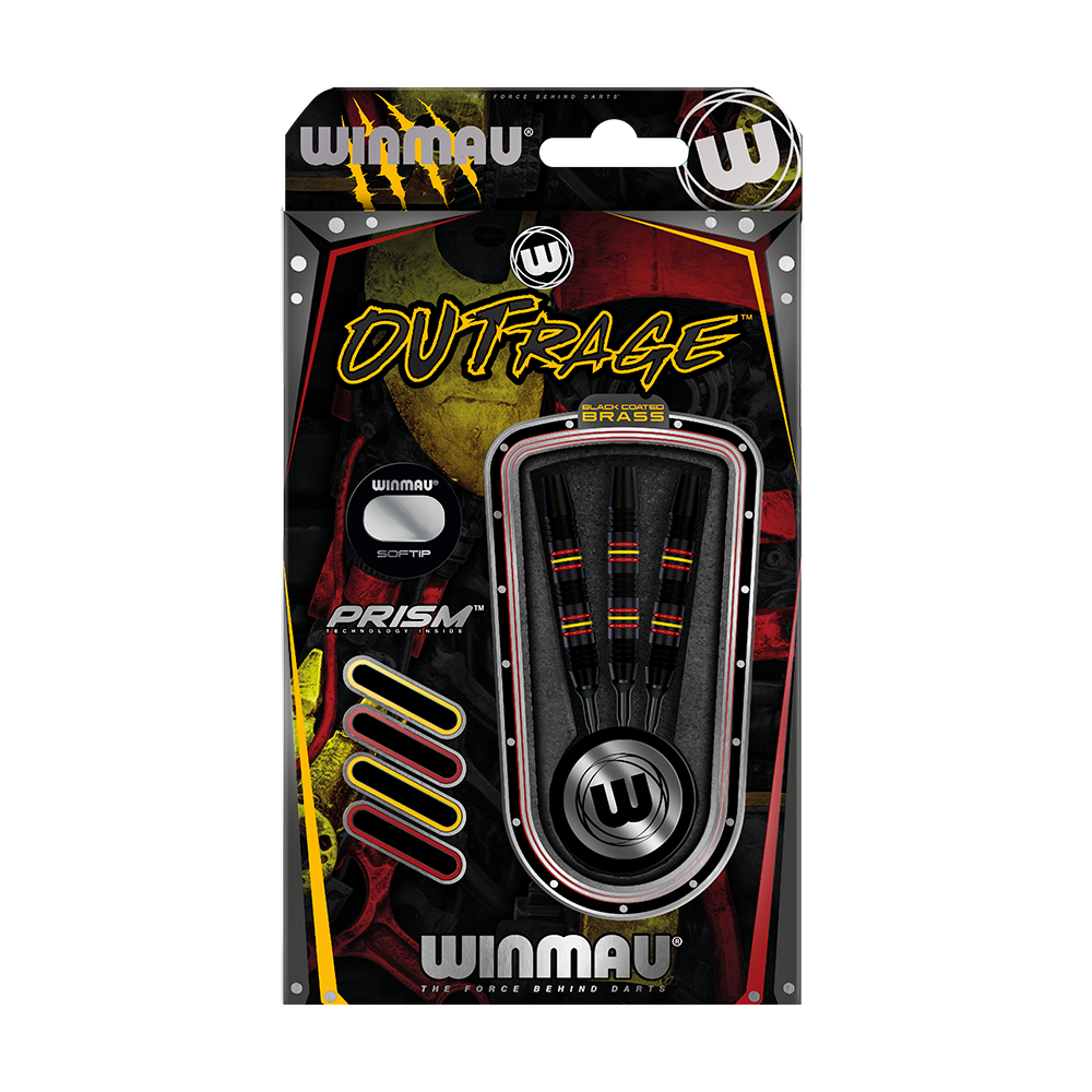 Die Abbildung zeigt die Winmau Outrage V2 Black Coated Brass Softdarts mit einem Gewicht von 18g in ihrer Verpackung. Die Darts sind schwarz mit farbigen Ringen und werden in einer auffälligen, modernen Verpackung präsentiert.