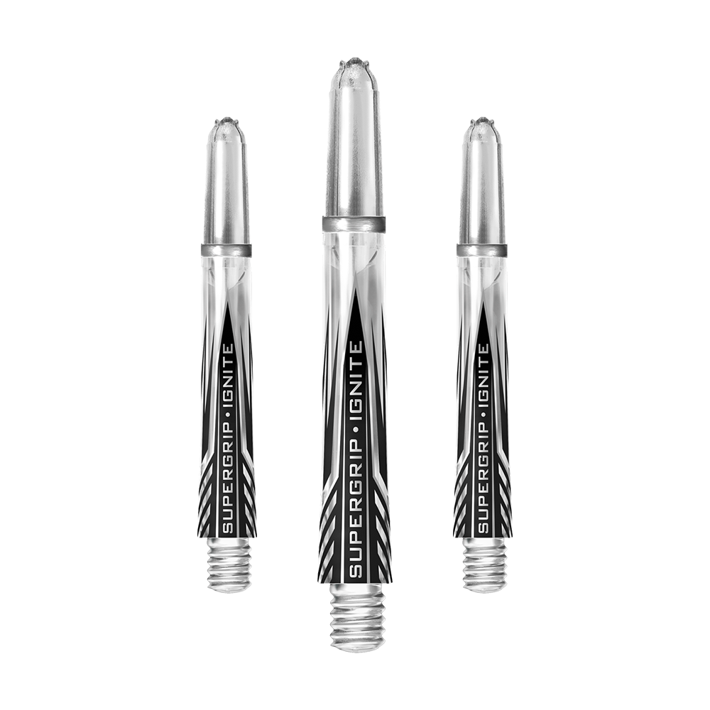 Das Bild zeigt drei klare Harrows Supergrip Ignite Shafts für Dartpfeile. Die Shafts sind durchsichtig mit schwarzem und silbernem Aufdruck.
