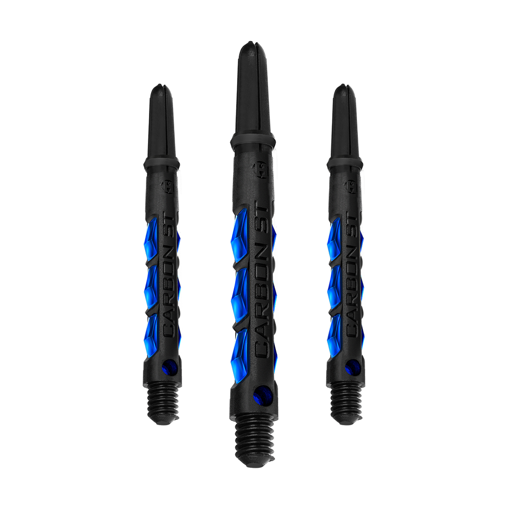HR415_Harrows_Carbon_ST_Shafts_Blau_47mm_1jn9x92RR29MTi Das Bild zeigt drei schwarze Dartschäfte mit blauen Akzenten. Auf den Schäften steht der Schriftzug "CARBON ST".