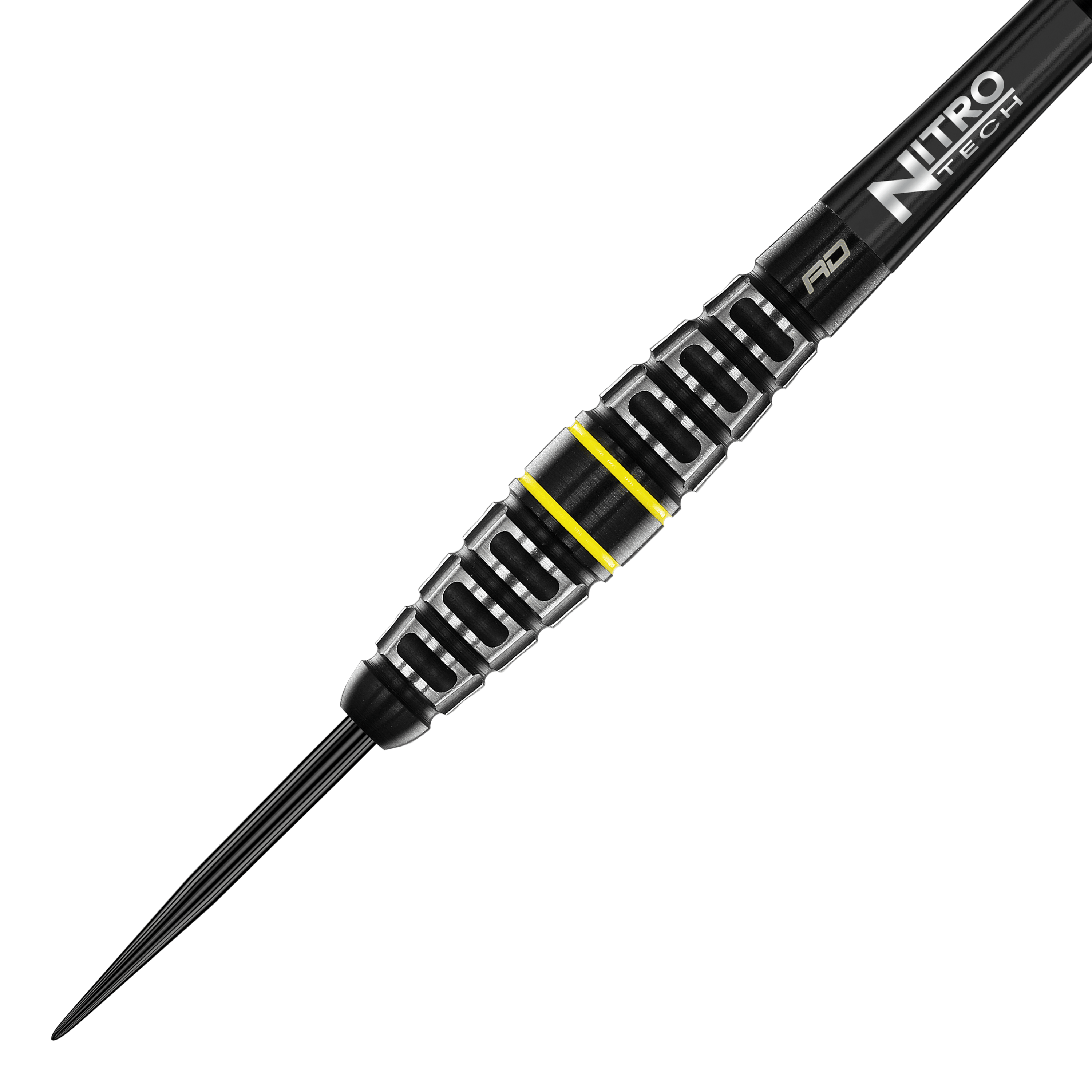 Red Dragon Astraeus Q4X Torpedo Steeldarts Das Bild zeigt den Red Dragon Astraeus Q4X Torpedo Steeldart. Der Dart hat ein schwarzes Design mit silbernen Rillen und gelben Akzenten.