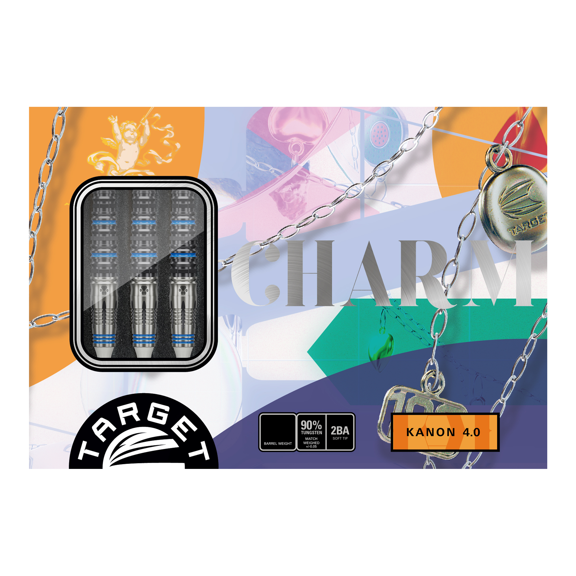 Die Verpackung zeigt das Produkt „Target Japan Airi Hirano Charm Kanon GEN4 Softdarts - 17,5g“ mit drei abgebildeten Dartpfeilen. Im Hintergrund sind farbige Muster, Ketten und der Schriftzug „CHARM“ zu sehen.