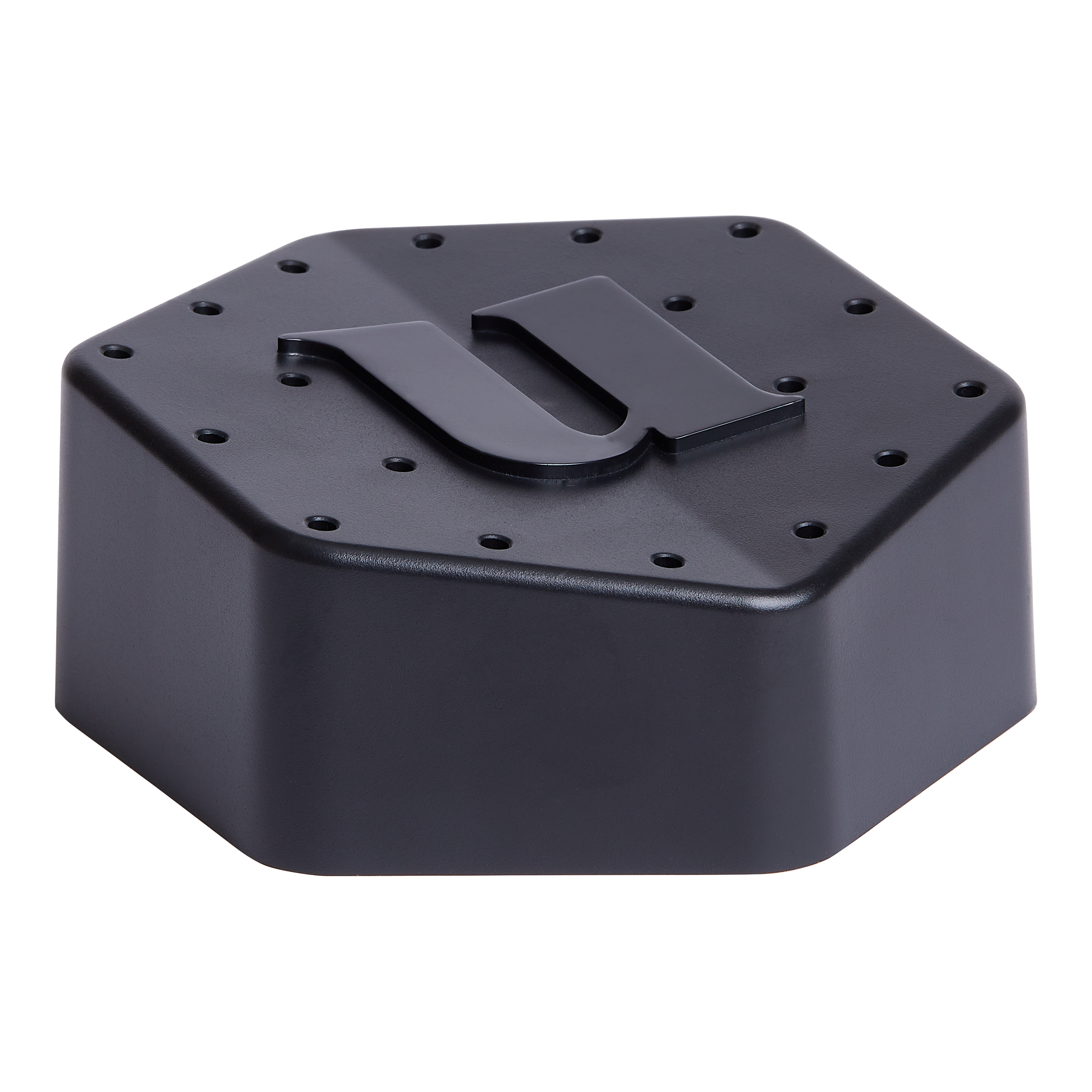 Unicorn Dartständer Das Bild zeigt den Unicorn Dartständer in schwarzer Farbe. Er hat eine sechseckige Form mit mehreren kleinen Löchern und einem großen „U“ auf der Oberseite.