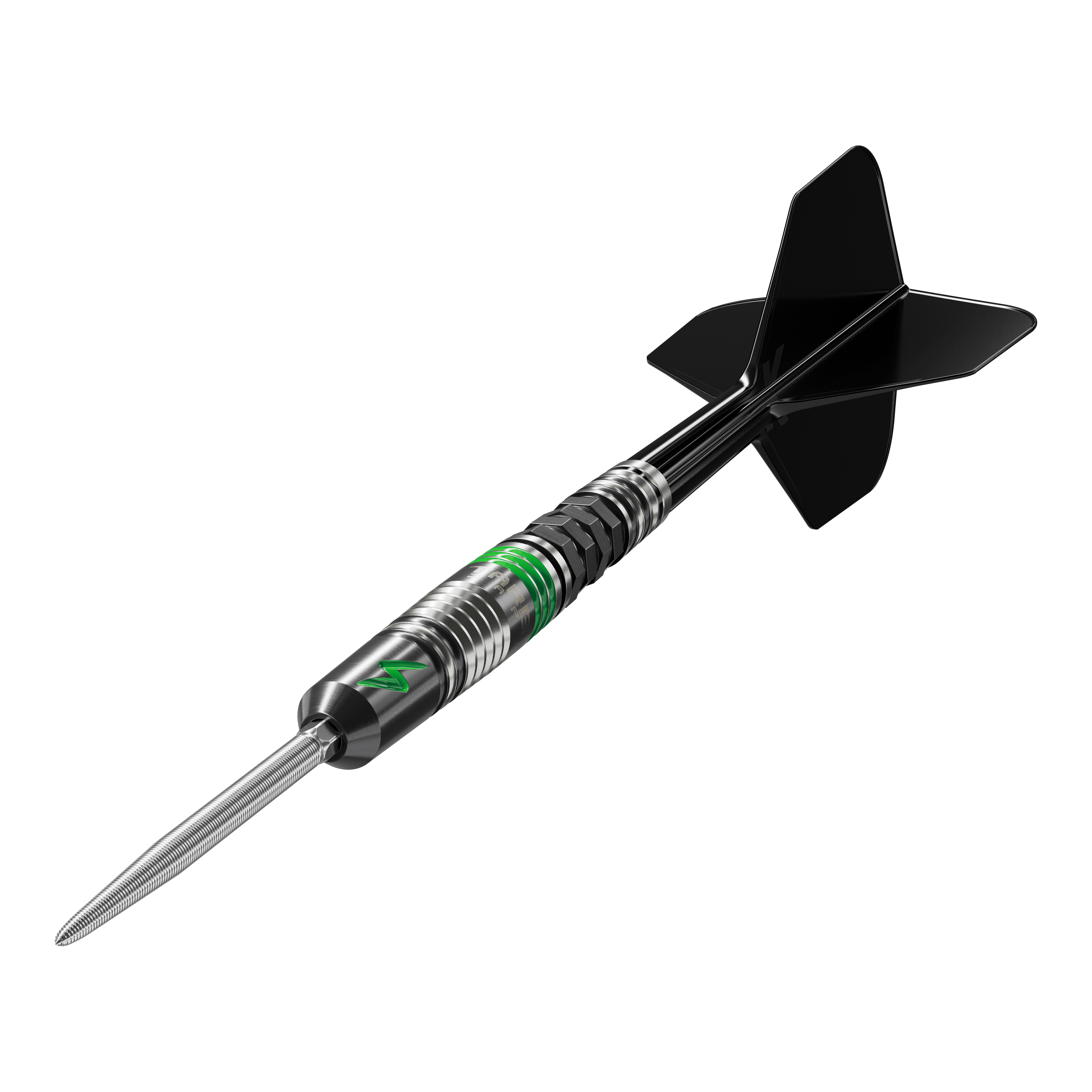 Target Japan Black Marque Lightning 3 SP Steeldarts Das Bild zeigt den Target Japan Black Marque Lightning 3 SP Steeldart. Der Dartpfeil ist schwarz-silber mit grünen Akzenten und hat schwarze Flights.