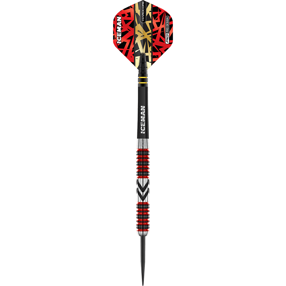 RD2567_Red_Dragon_Gerwyn_Price_Firebird_Steeldarts_1MJDm7fRvrMuaA Auf dem Bild ist ein professioneller Steeldartpfeil zu sehen. Er hat auffällige rote und schwarze Muster sowie die Aufschrift "ICEMAN" auf dem Schaft.