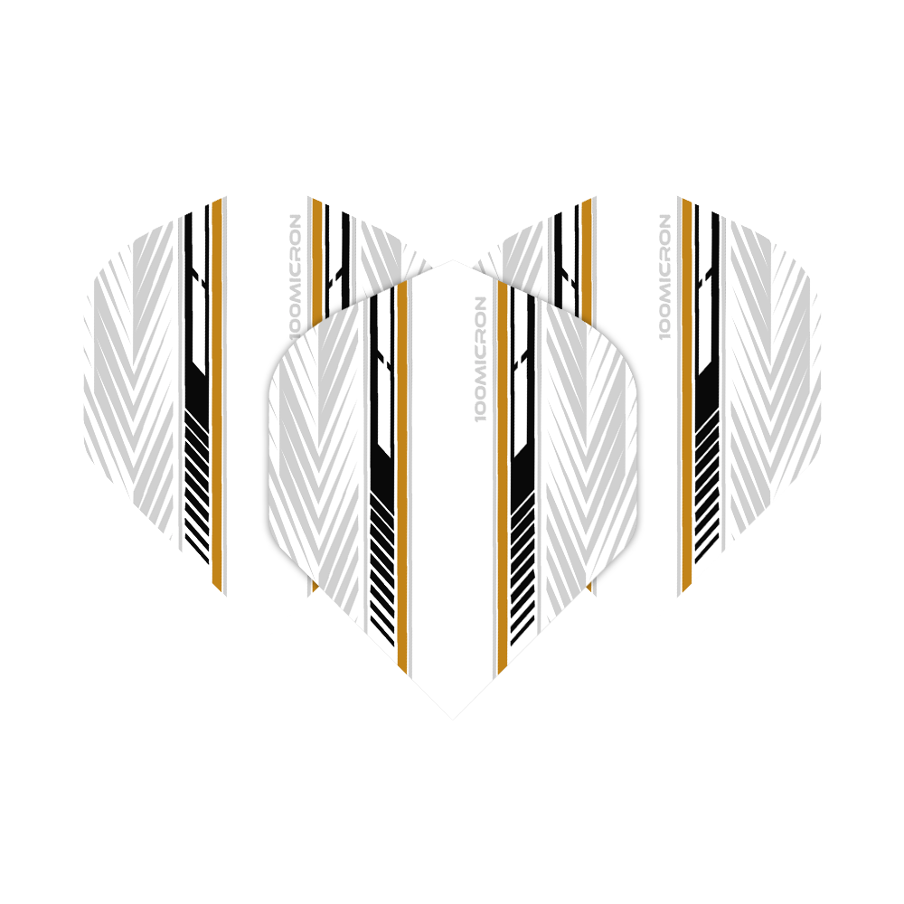 Pentathlon Flights weiß/schwarz/gold Das Bild zeigt die Pentathlon White Black Gold No2 Standard Flights für Dartpfeile. Die Flights sind überwiegend weiß mit schwarzen und goldenen Zierstreifen sowie geometrischen Mustern.