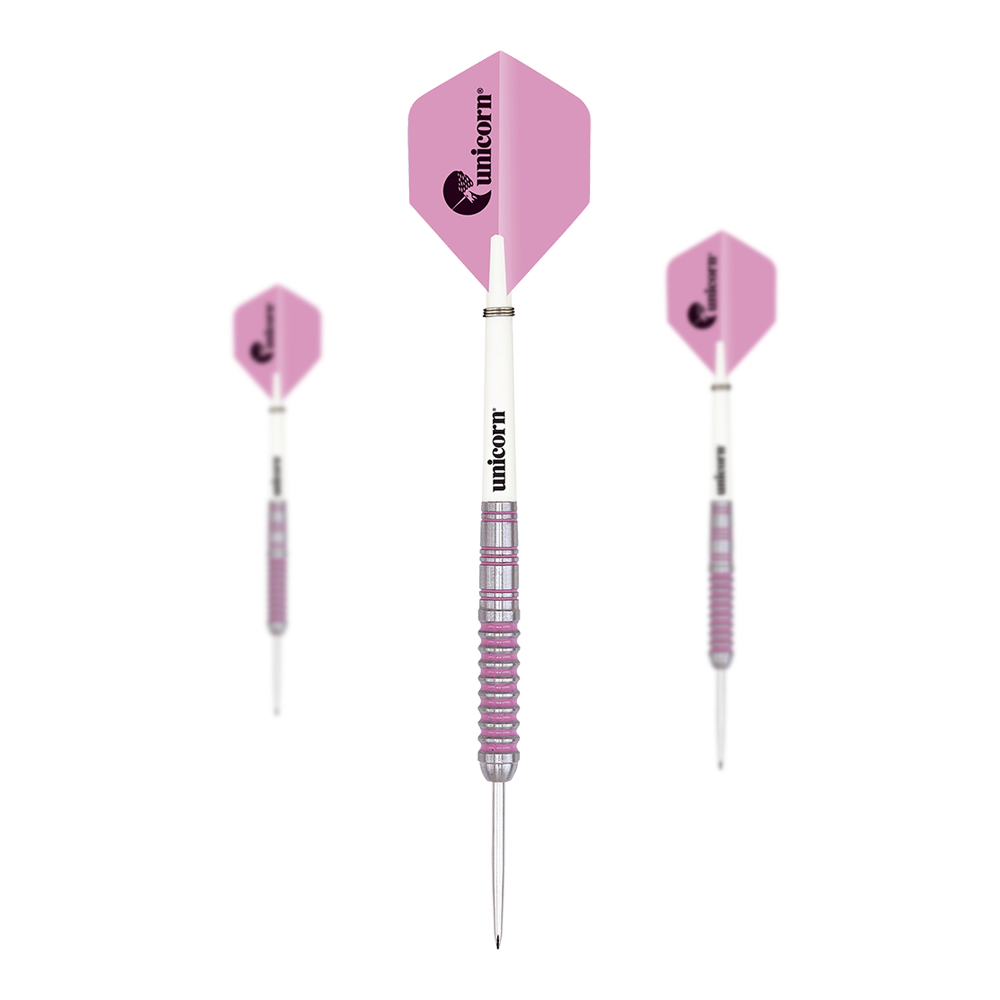Unicorn Autograph Steeldarts Das Bild zeigt drei Unicorn Autograph Steeldarts mit rosa Flights. Die Darts haben eine weiße Mitte und einen geriffelten, silber-rosa Schaft.