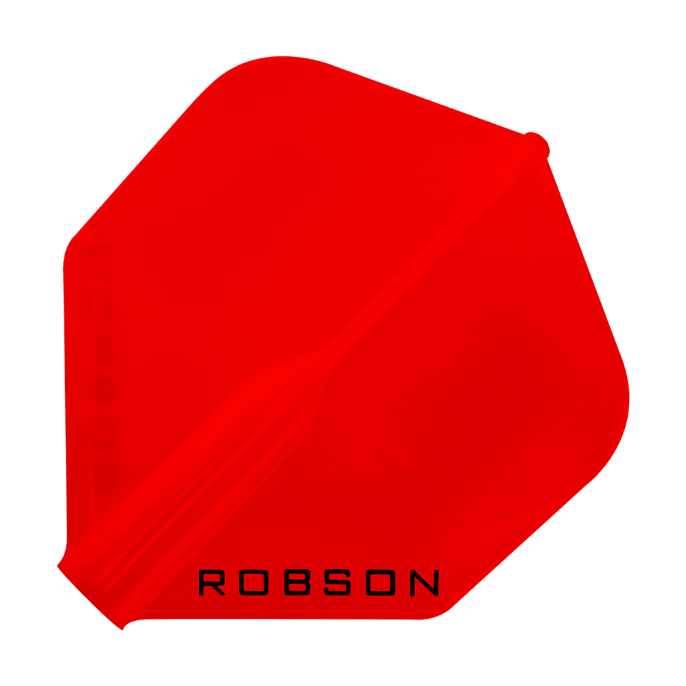 Robson Plus Standard Flights Das Bild zeigt ein rotes Dart-Flight mit der Aufschrift „ROBSON“. Das Flight hat eine standardmäßige, sechseckige Form.