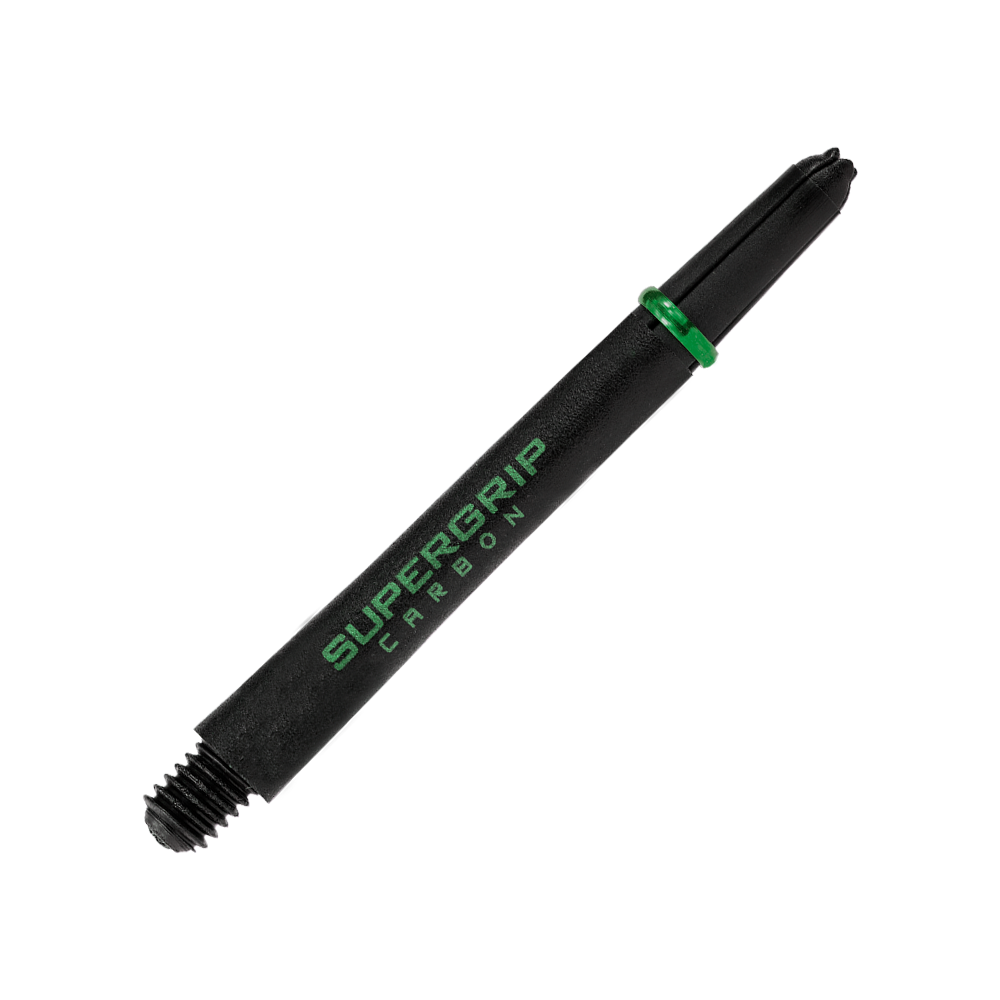Das Bild zeigt einen Harrows Supergrip Carbon Shaft in der Farbe Grün. Der Schaft ist schwarz mit grüner Schrift und einem grünen Ring.