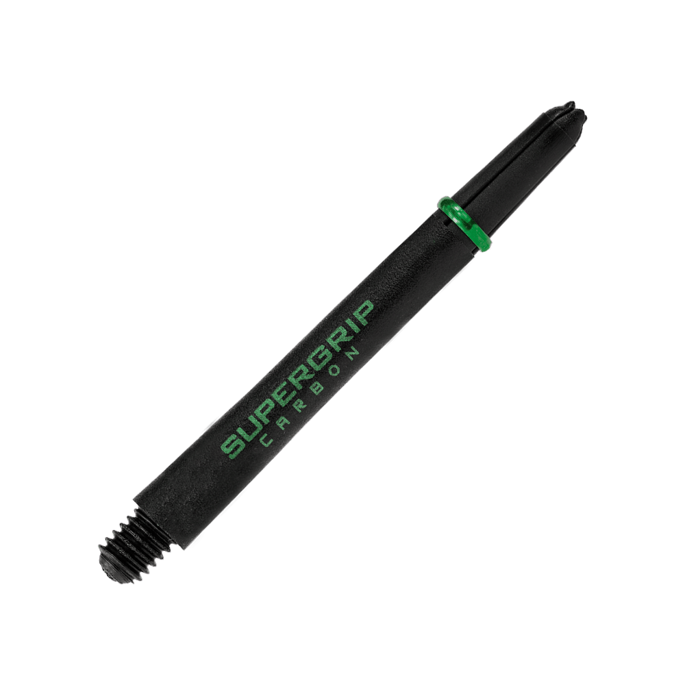HR362_Harrows_Supergrip_Carbon_Shafts_Gr-n_47mm_2 Das Bild zeigt einen Harrows Supergrip Carbon Shaft in der Farbe Grün. Der Schaft ist schwarz mit grüner Schrift und einem grünen Ring.