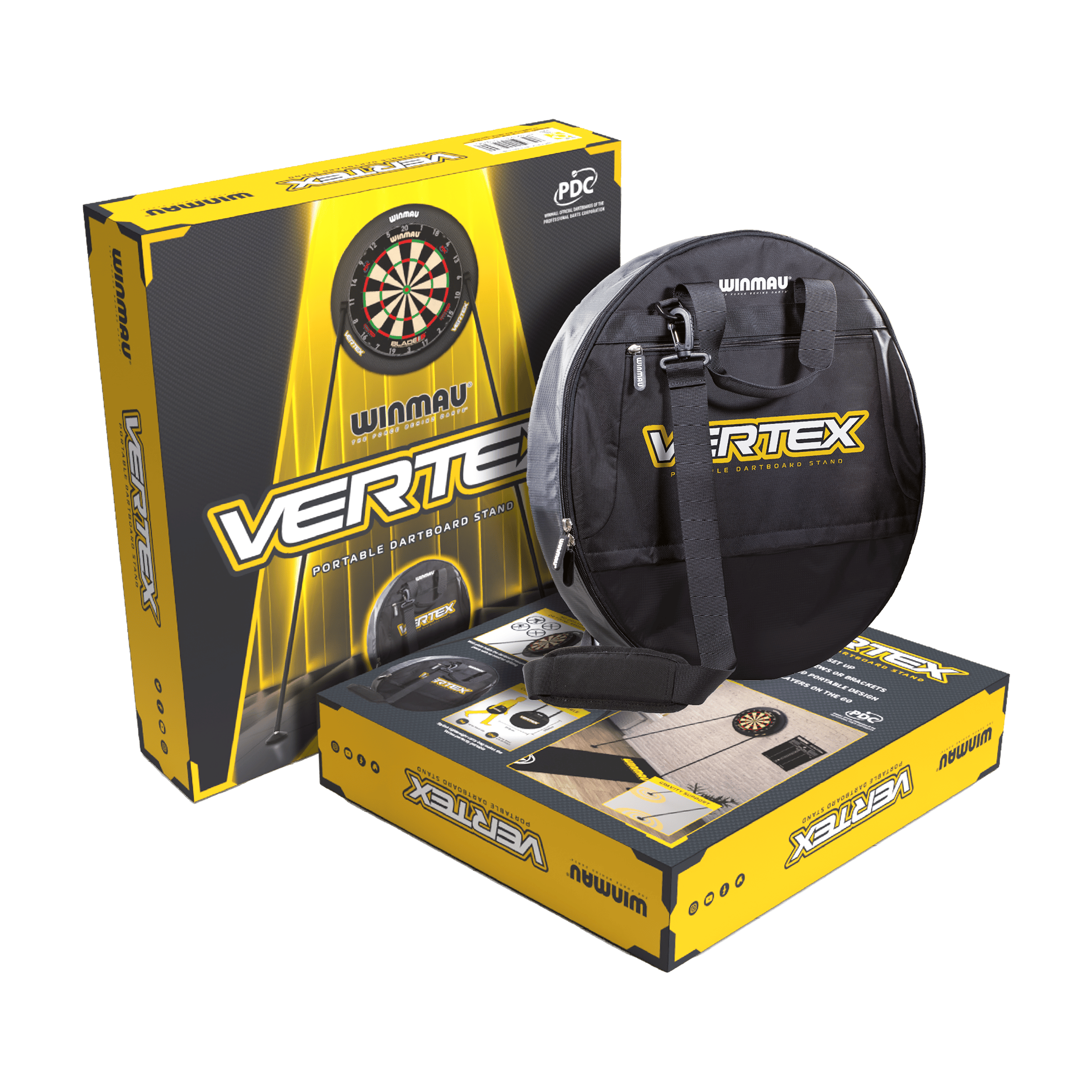 Das Bild zeigt den Winmau Vertex Dartboard Ständer in seiner Verpackung. Neben der Verpackung ist eine schwarze Tragetasche mit dem Vertex-Logo zu sehen.
