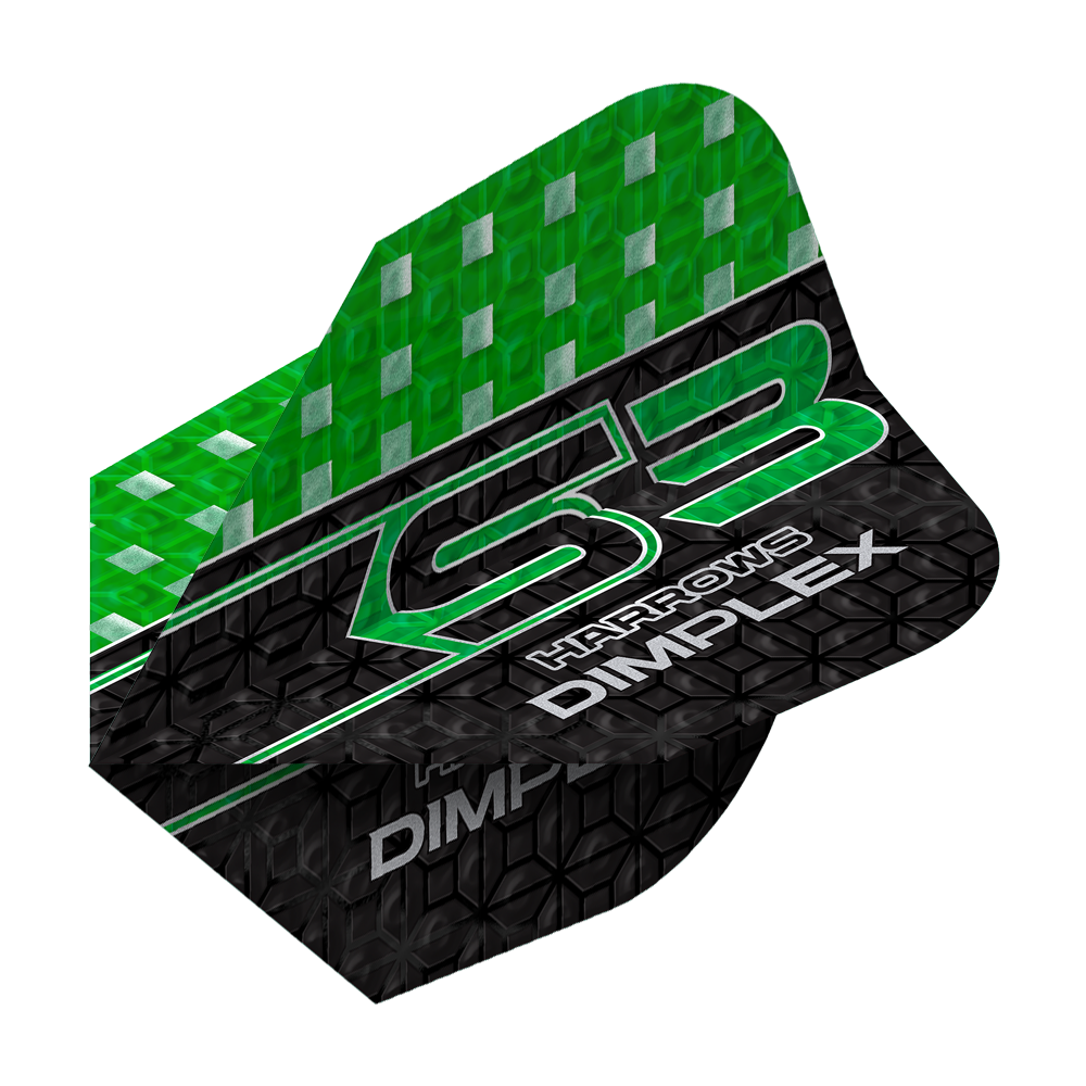 Harrows Dimplex S3 Flights - Grün Das Bild zeigt einen grünen und schwarzen Dartflight mit der Aufschrift "Harrows Dimplex S3". Das obere Drittel ist grün mit silbernen Quadraten, der Rest ist schwarz mit einem Muster und weißen Schriftzügen.