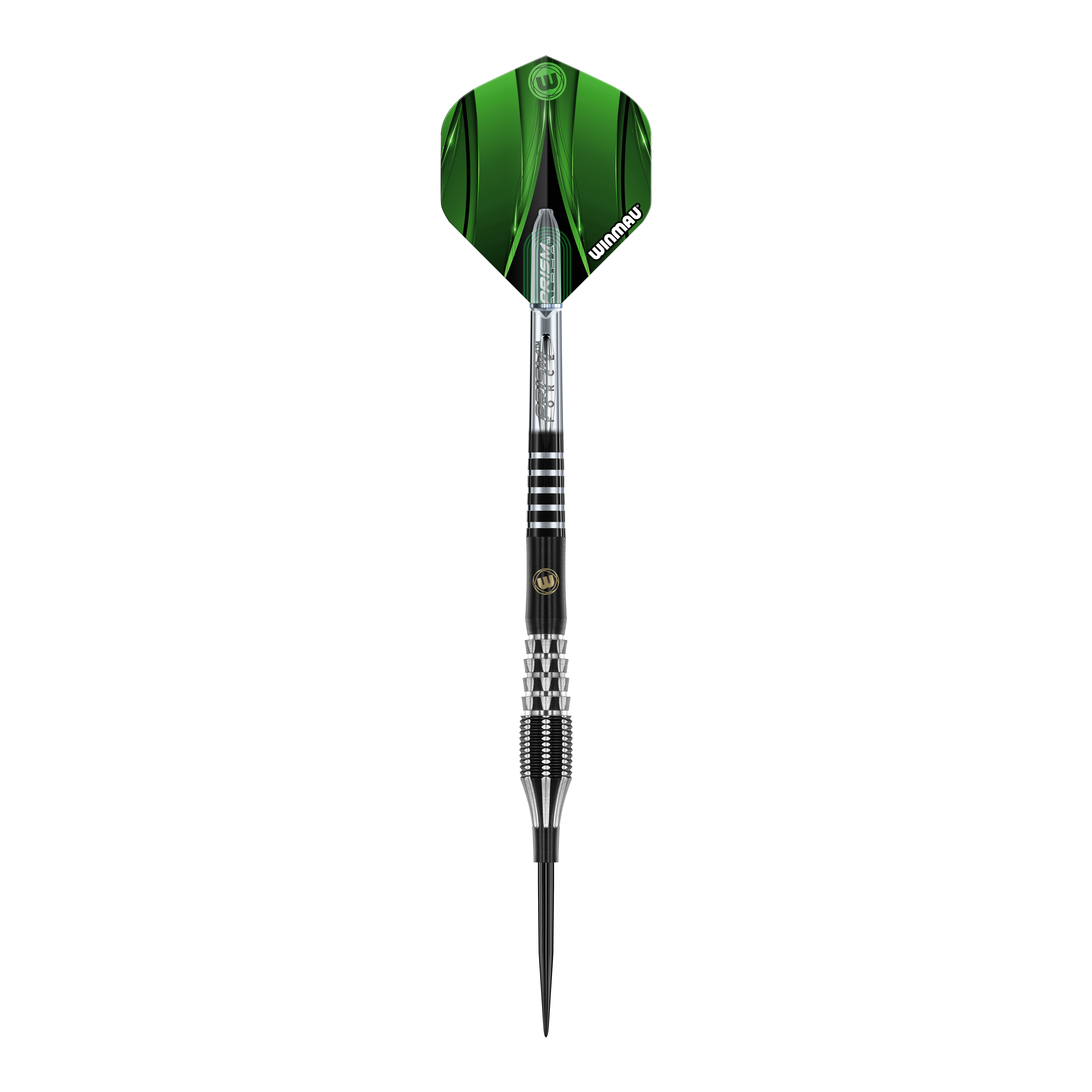 Das Bild zeigt einen Winmau Sniper Special Edition V1 Steeldart. Der Dartpfeil hat eine grüne Flight und ein silber-schwarzes Griffstück.