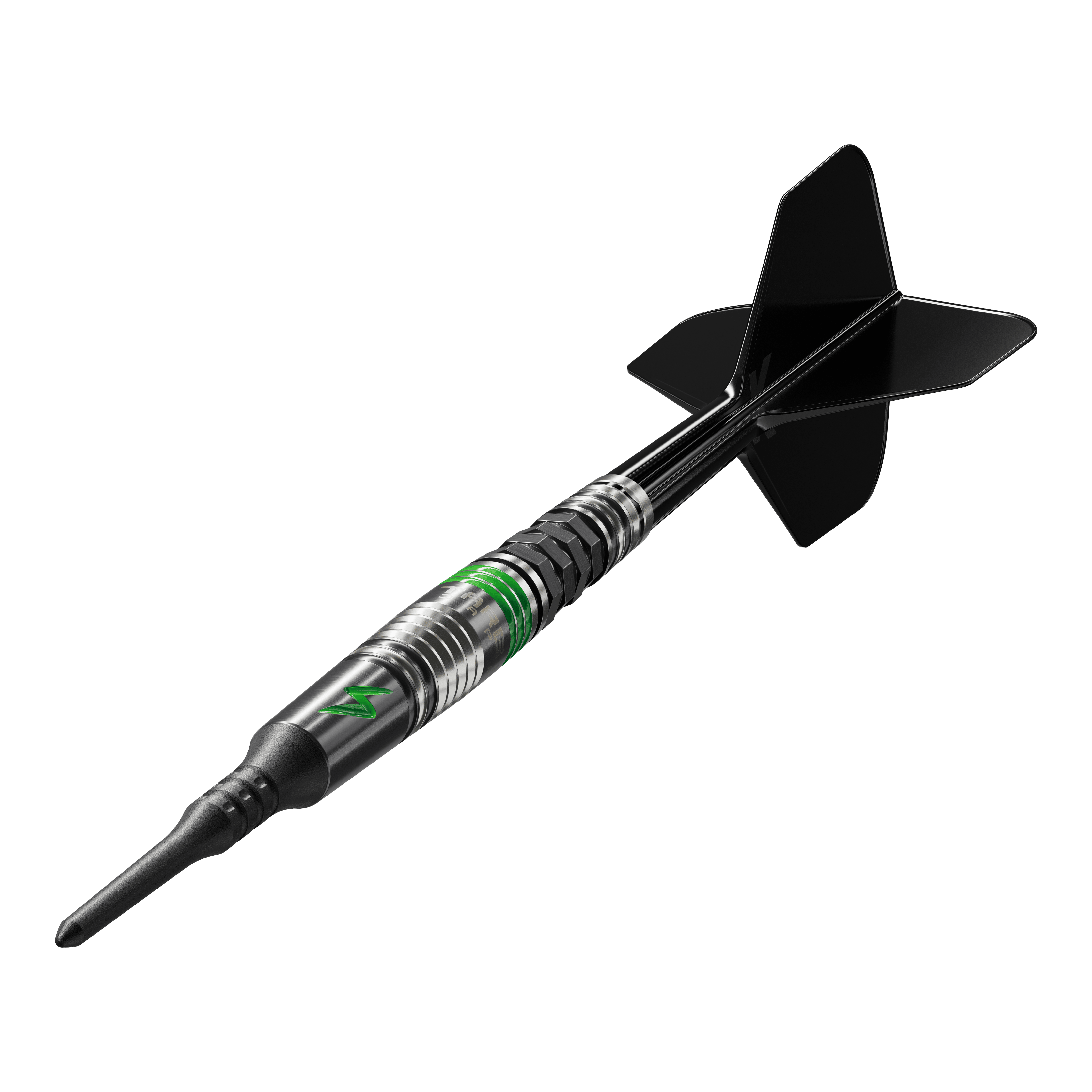 Target Japan Black Marque Lightning 3 Softdarts - 19g Das Bild zeigt einen Softdart der Marke Target Japan Black Marque Lightning 3 mit einem Gewicht von 19 Gramm. Der Dartpfeil ist schwarz und silber mit grünen Akzenten und hat schwarze Flights.