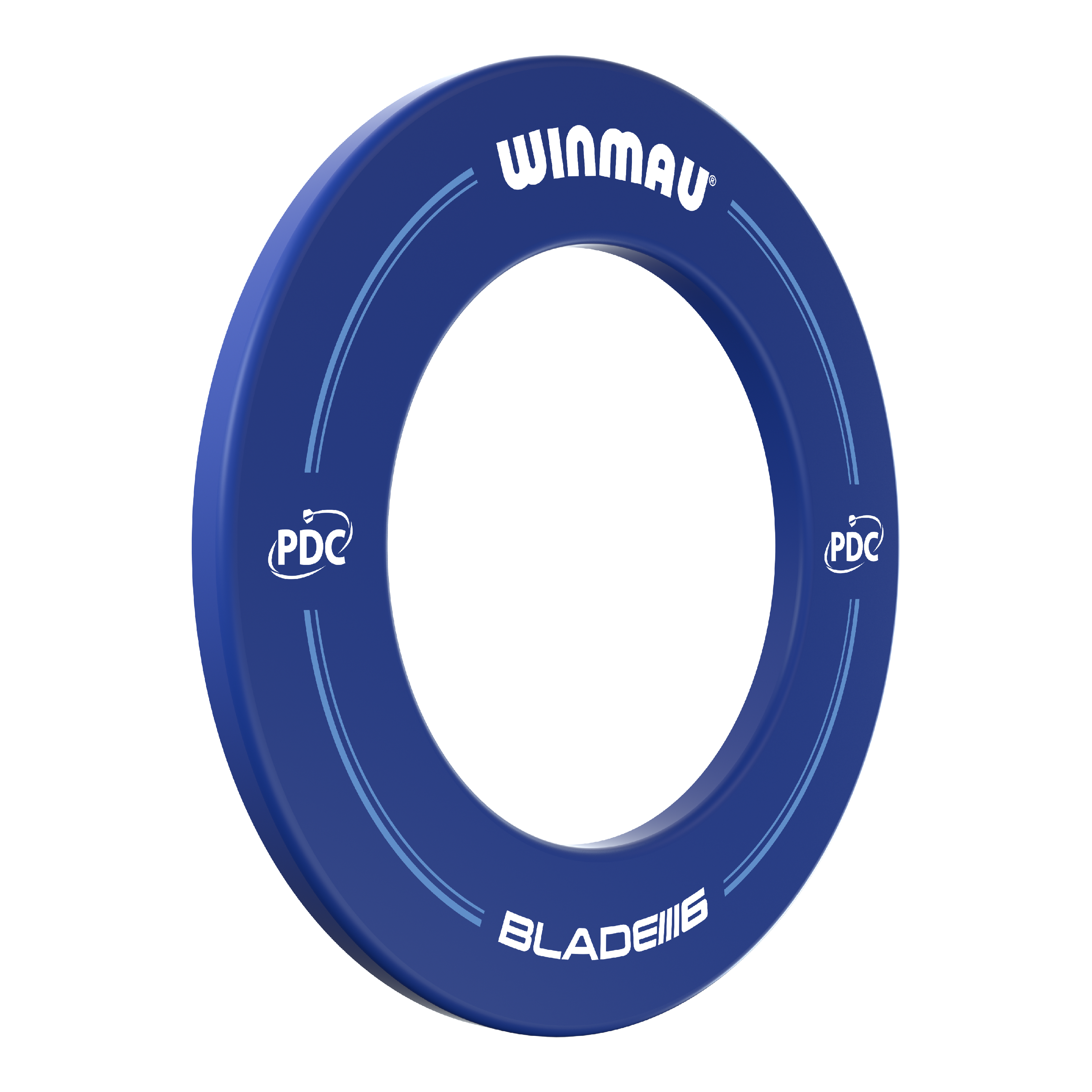 Winmau PDC Dartboard Surround - Blau Das Bild zeigt einen blauen Dartboard-Surround der Marke Winmau mit der Aufschrift "BLADE 6" und "PDC". Der Ring dient zum Schutz der Wand rund um eine Dartscheibe.