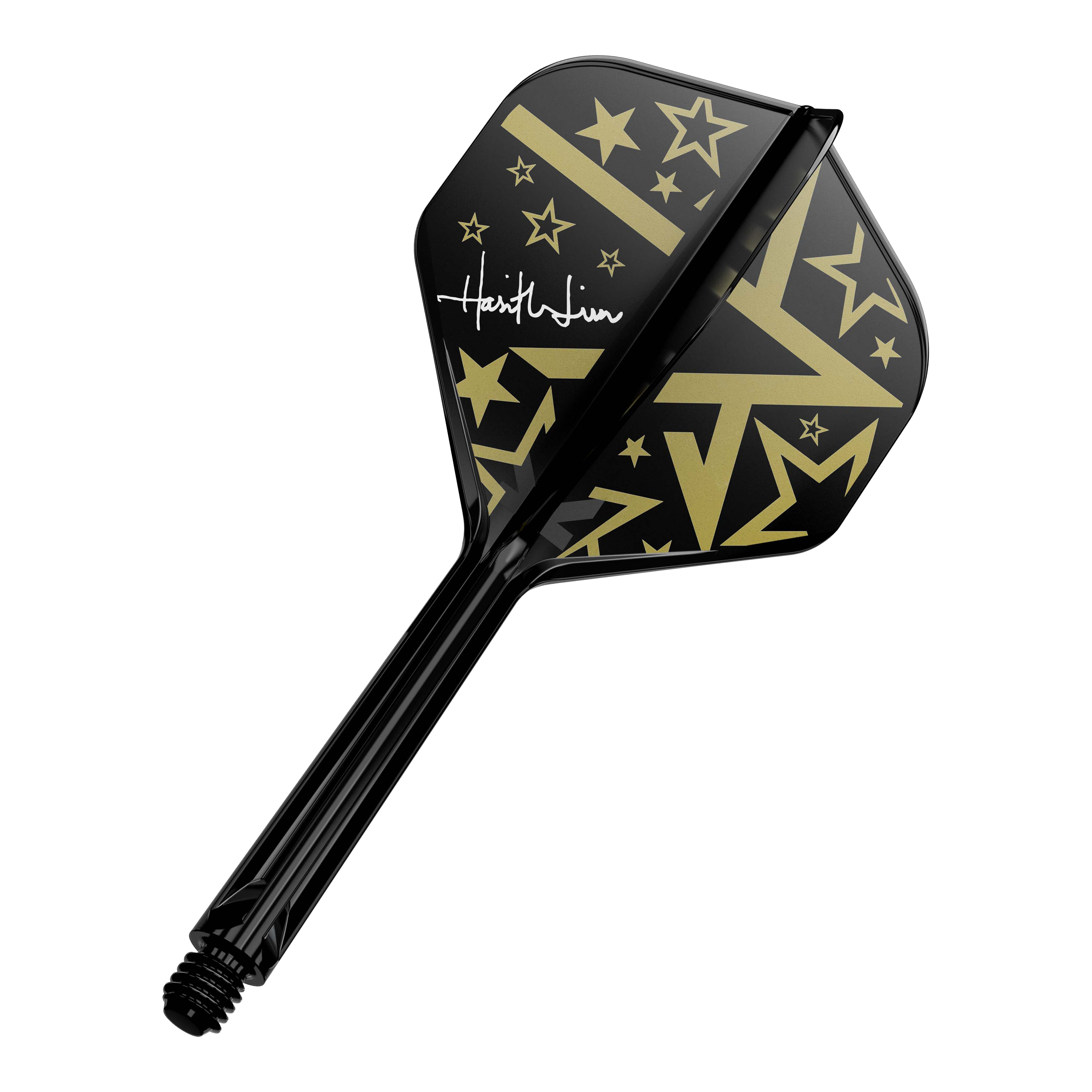 Target Japan K-Flex Hot Shot No2 Standard Flight-Shaft-System Dies ist ein schwarzer Dartschaft mit einem Flight in Schwarz und Gold. Das Flight-Design zeigt goldene Sterne und geometrische Muster sowie eine weiße Unterschrift.