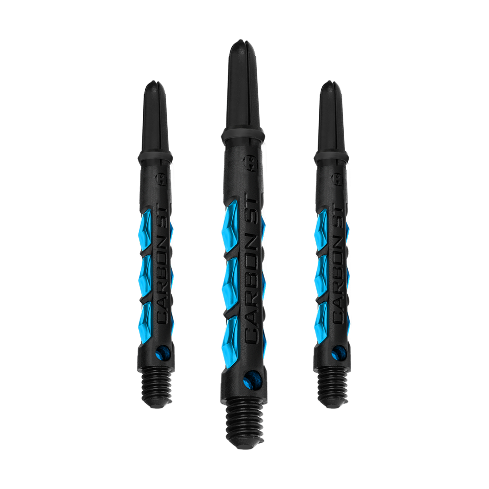 HR412_Harrows_Carbon_ST_Shafts_Aqua_47mm_1c1gU1i6hU0sTO Das Bild zeigt drei Harrows Carbon ST Shafts in der Farbe Aqua. Die Dartschäfte sind schwarz mit blauen Akzenten gestaltet.
