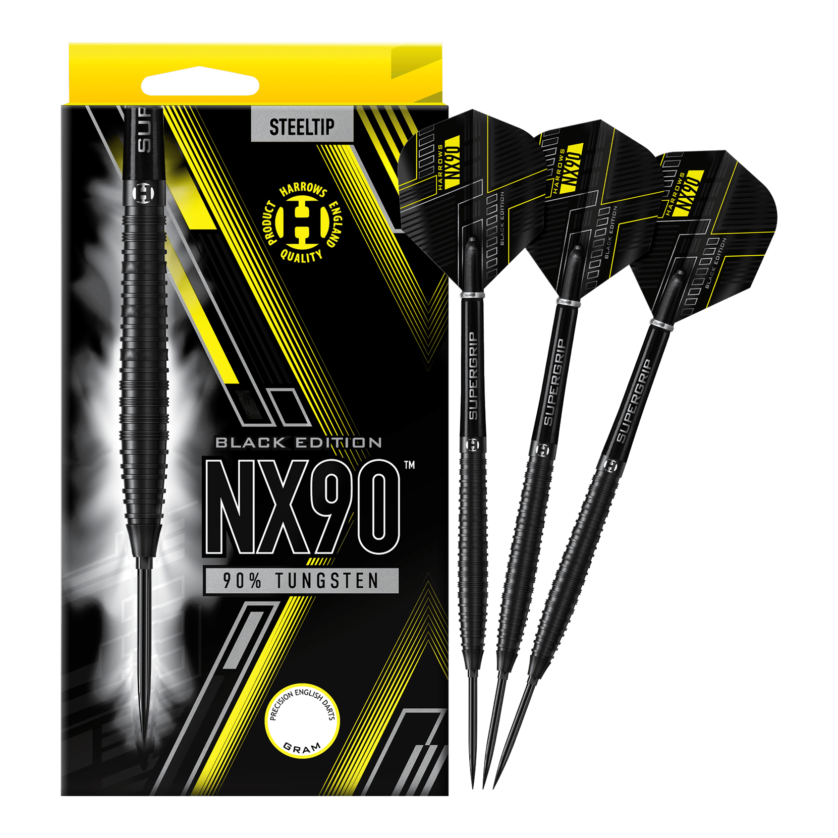Harrows NX90 Black Edition Tapered Quick Point Steeldarts Abgebildet sind die Harrows NX90 Black Edition Tapered Quick Point Steeldarts. Die schwarzen Steeldarts haben eine schlanke, konische Form.